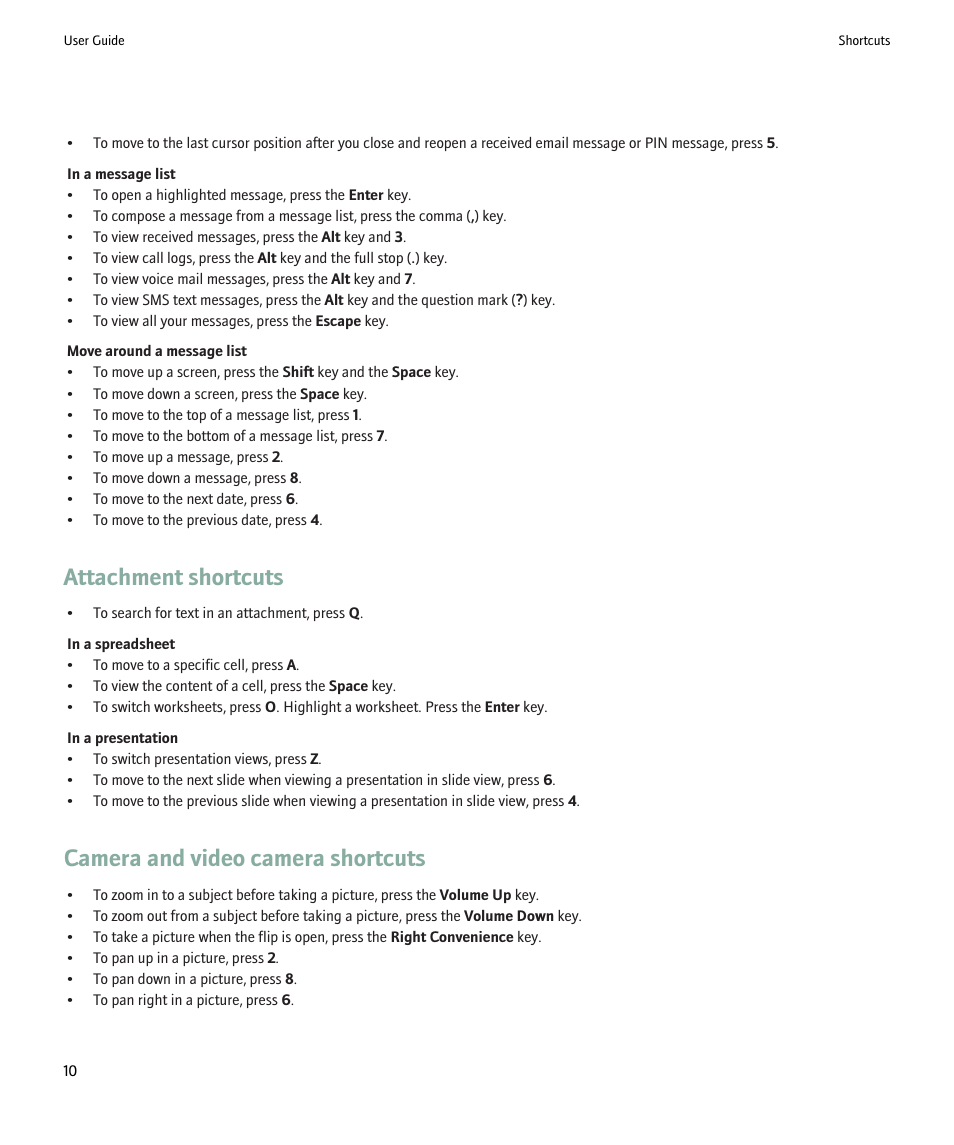 Attachment shortcuts, Camera and video camera shortcuts | Blackberry Pearl 8220 User Manual | Page 12 / 277