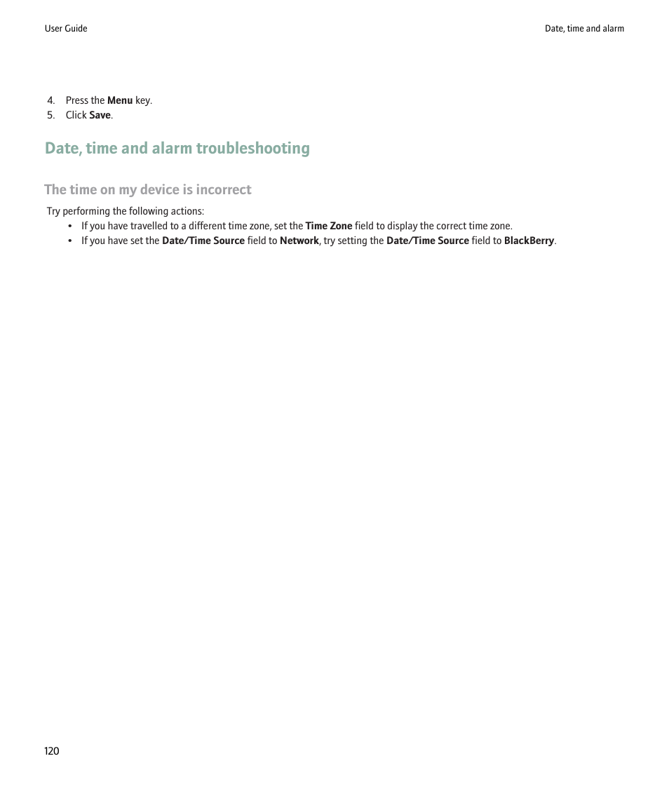 Date, time and alarm troubleshooting, The time on my device is incorrect | Blackberry Pearl 8220 User Manual | Page 122 / 277