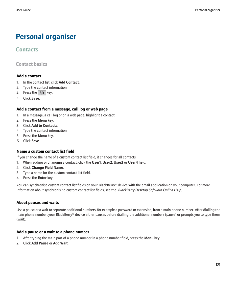 Personal organiser, Contacts, Contact basics | Blackberry Pearl 8220 User Manual | Page 123 / 277