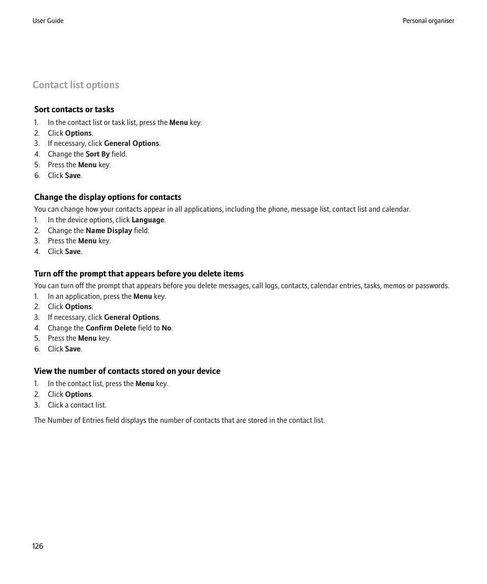 Change the display options for contacts, Contact list options | Blackberry Pearl 8220 User Manual | Page 128 / 277