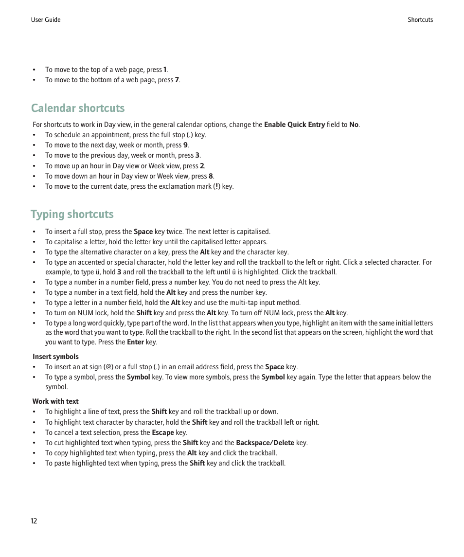 Calendar shortcuts, Typing shortcuts | Blackberry Pearl 8220 User Manual | Page 14 / 277