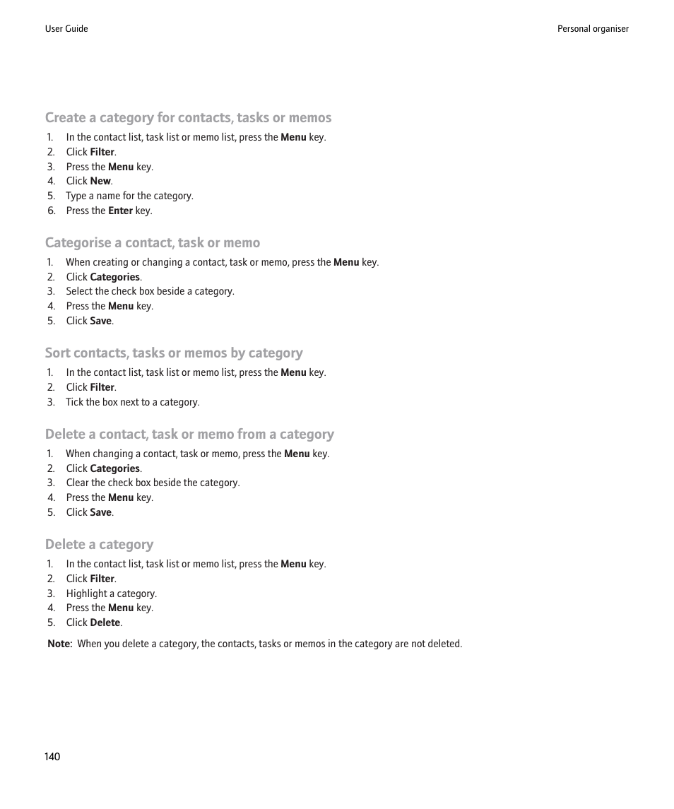 Delete a category | Blackberry Pearl 8220 User Manual | Page 142 / 277