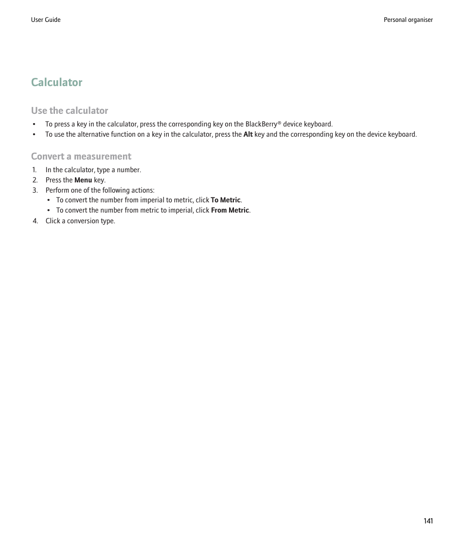 Calculator, Use the calculator, Convert a measurement | Blackberry Pearl 8220 User Manual | Page 143 / 277