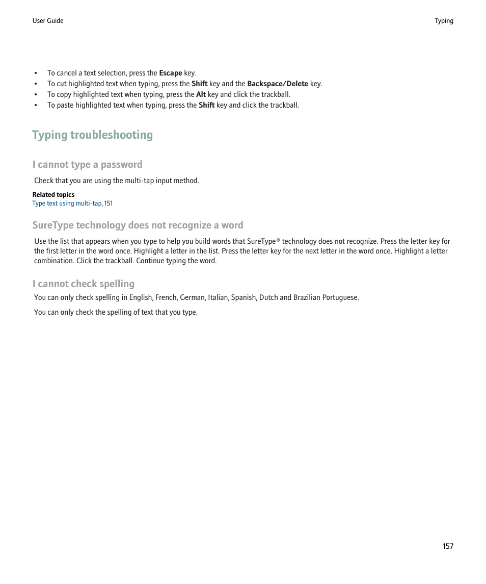 Typing troubleshooting, I cannot type a password, Suretype technology does not recognize a word | I cannot check spelling | Blackberry Pearl 8220 User Manual | Page 159 / 277