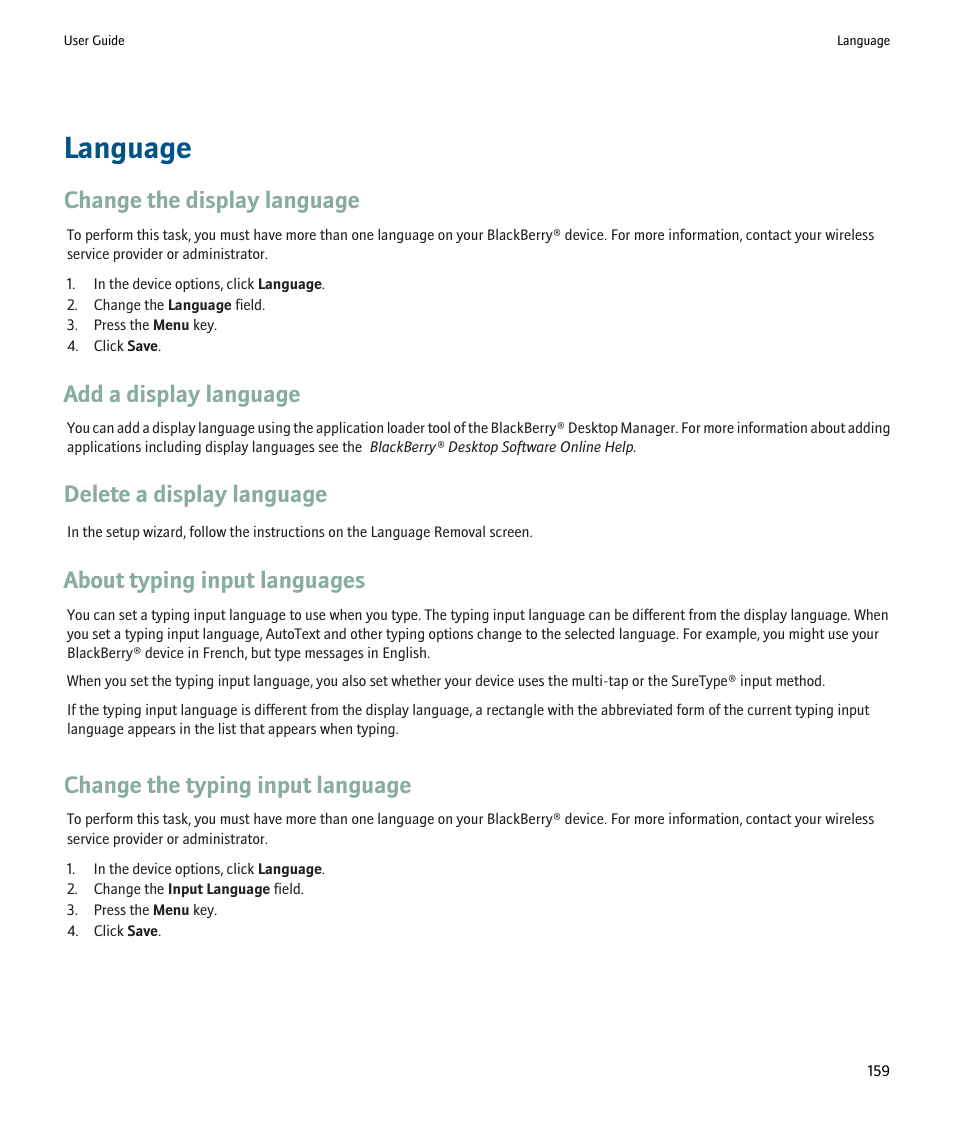 Language, Change the display language, Add a display language | Delete a display language, About typing input languages, Change the typing input language | Blackberry Pearl 8220 User Manual | Page 161 / 277