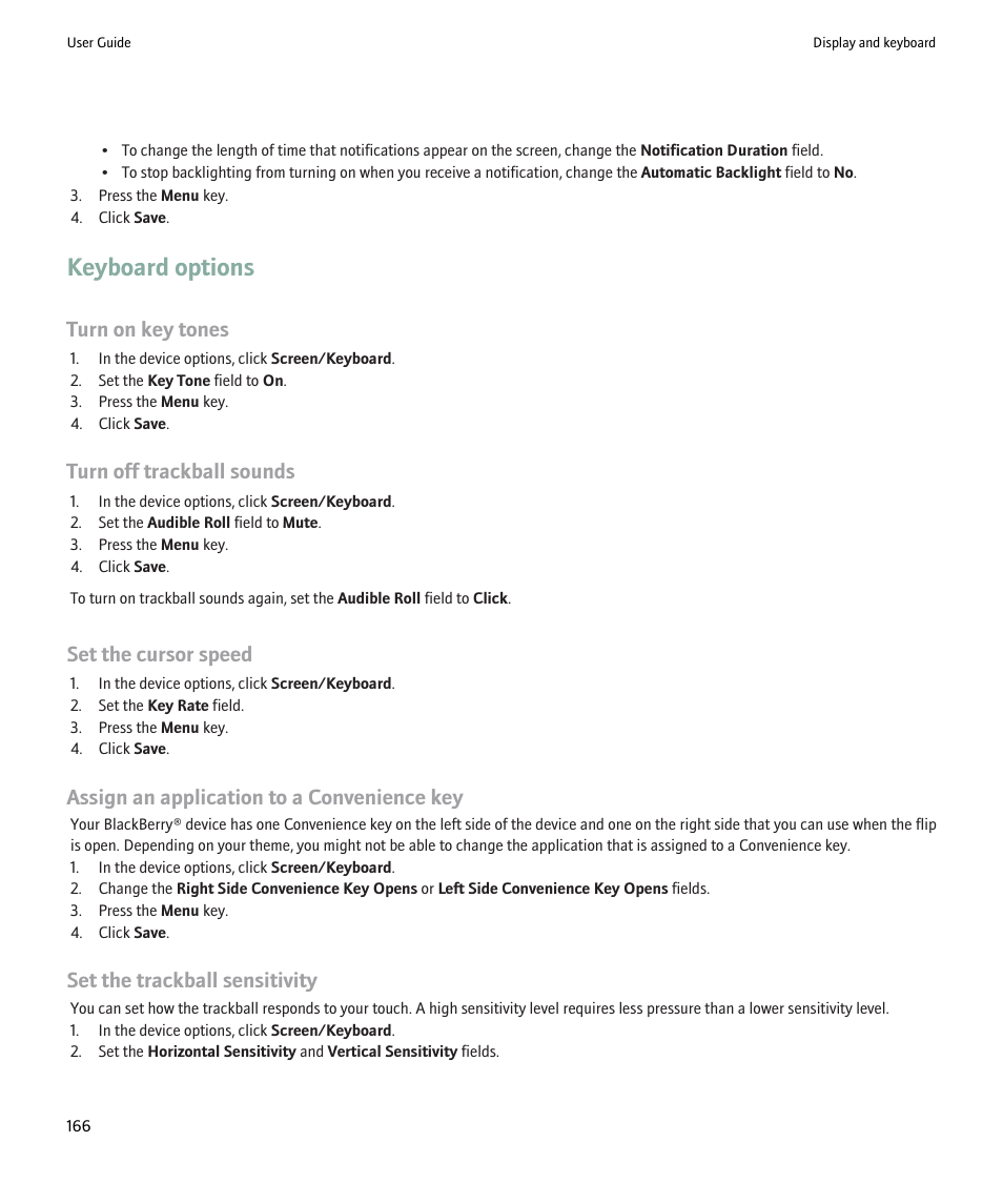 Keyboard options, Turn on key tones, Turn off trackball sounds | Set the cursor speed, Assign an application to a convenience key, Set the trackball sensitivity | Blackberry Pearl 8220 User Manual | Page 168 / 277