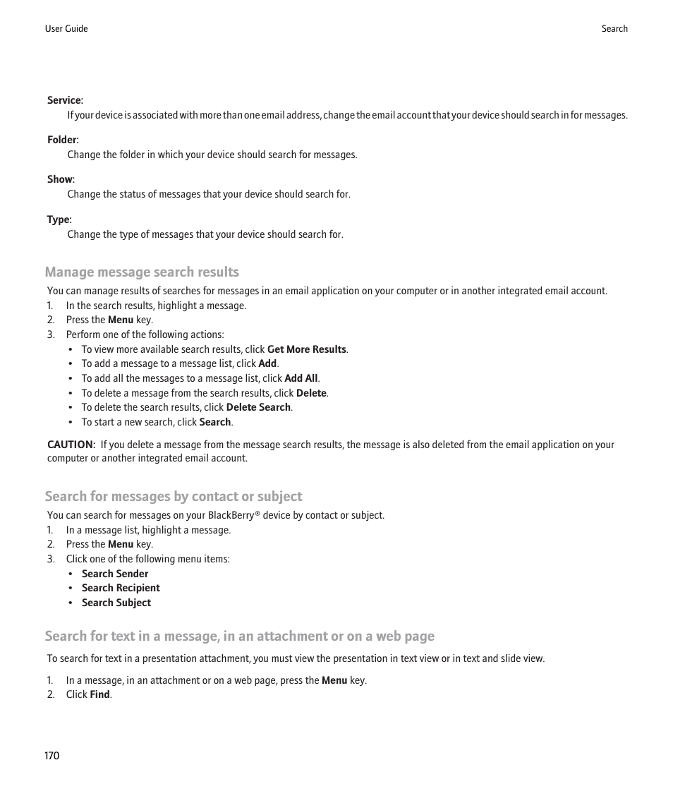 Manage message search results, Search for messages by contact or subject | Blackberry Pearl 8220 User Manual | Page 172 / 277