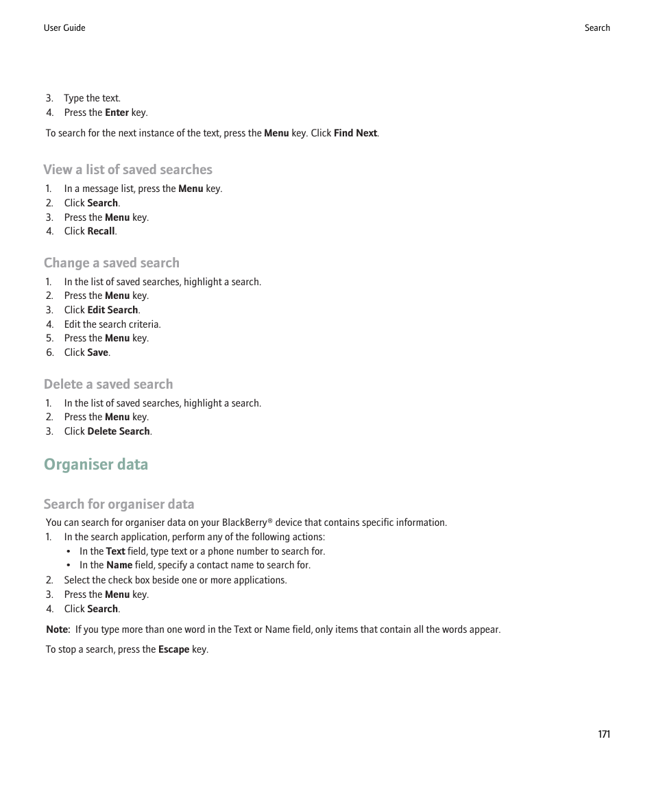 Organiser data, View a list of saved searches, Change a saved search | Delete a saved search, Search for organiser data | Blackberry Pearl 8220 User Manual | Page 173 / 277