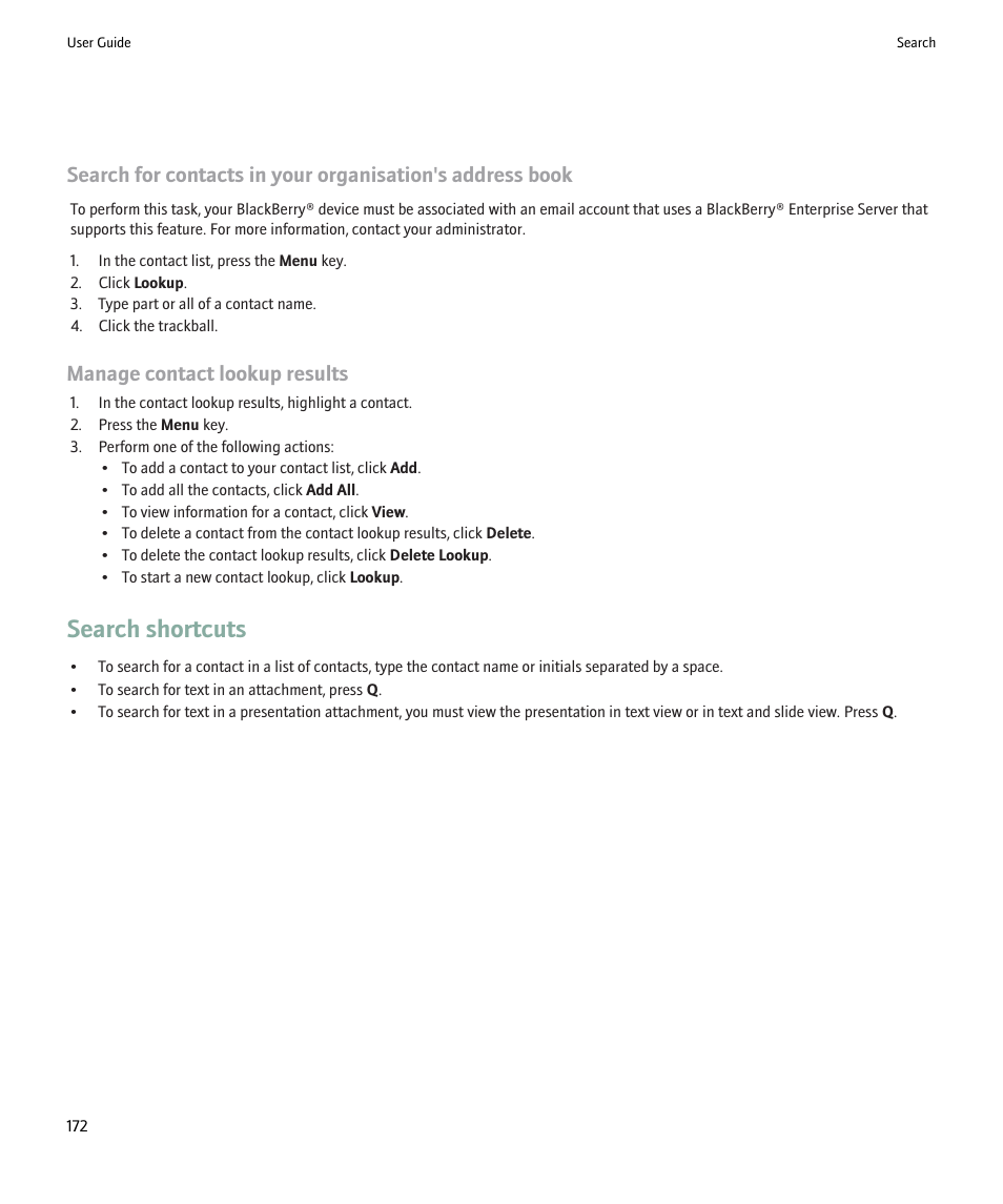 Search shortcuts, Manage contact lookup results | Blackberry Pearl 8220 User Manual | Page 174 / 277