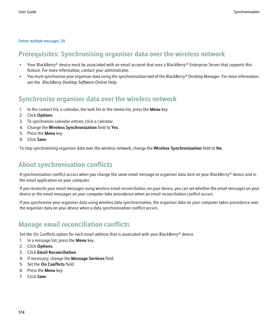 About synchronisation conflicts, Manage email reconciliation conflicts | Blackberry Pearl 8220 User Manual | Page 176 / 277