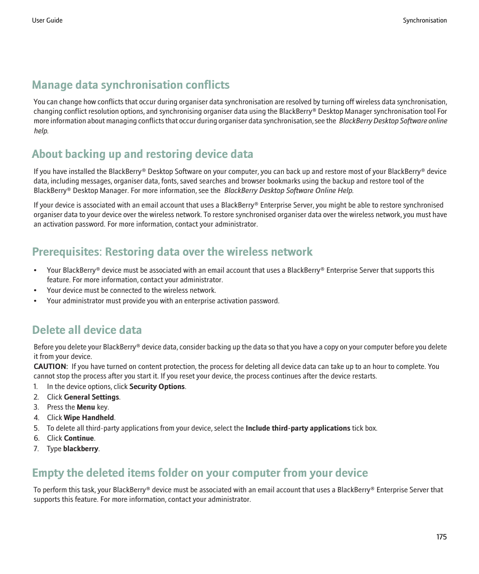 Manage data synchronisation conflicts, About backing up and restoring device data, Delete all device data | Blackberry Pearl 8220 User Manual | Page 177 / 277