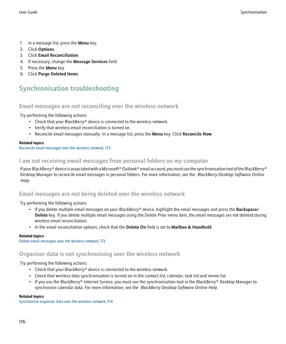 Synchronisation troubleshooting | Blackberry Pearl 8220 User Manual | Page 178 / 277