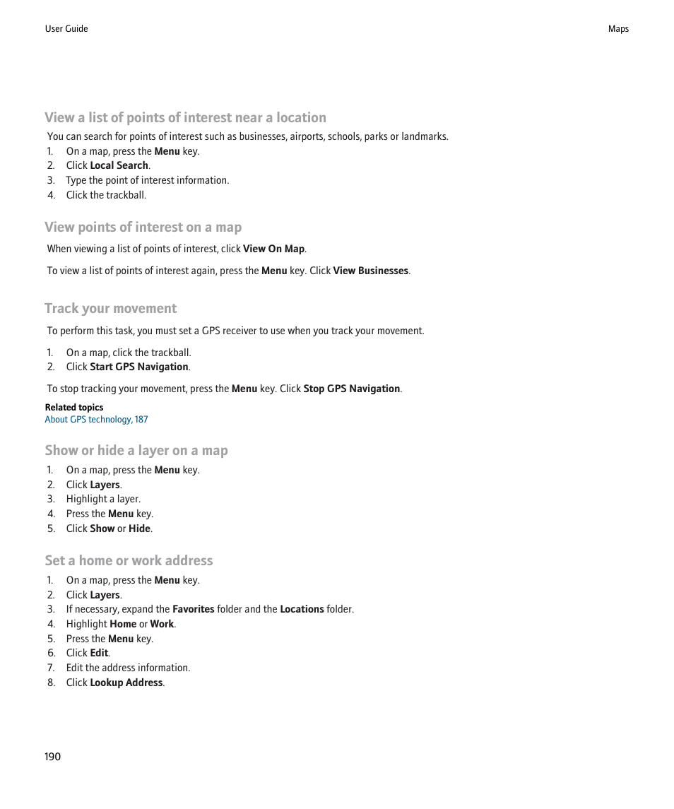 View a list of points of interest near a location, View points of interest on a map, Track your movement | Show or hide a layer on a map, Set a home or work address | Blackberry Pearl 8220 User Manual | Page 192 / 277