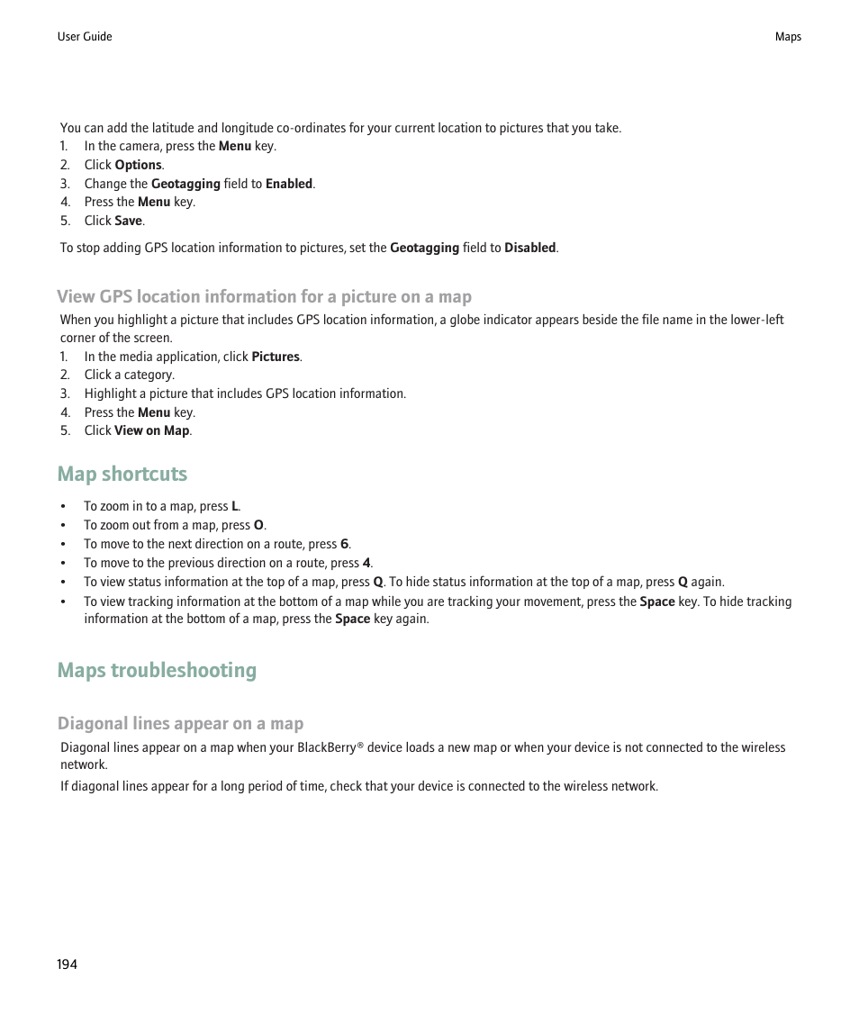 Map shortcuts, Maps troubleshooting, Diagonal lines appear on a map | Blackberry Pearl 8220 User Manual | Page 196 / 277