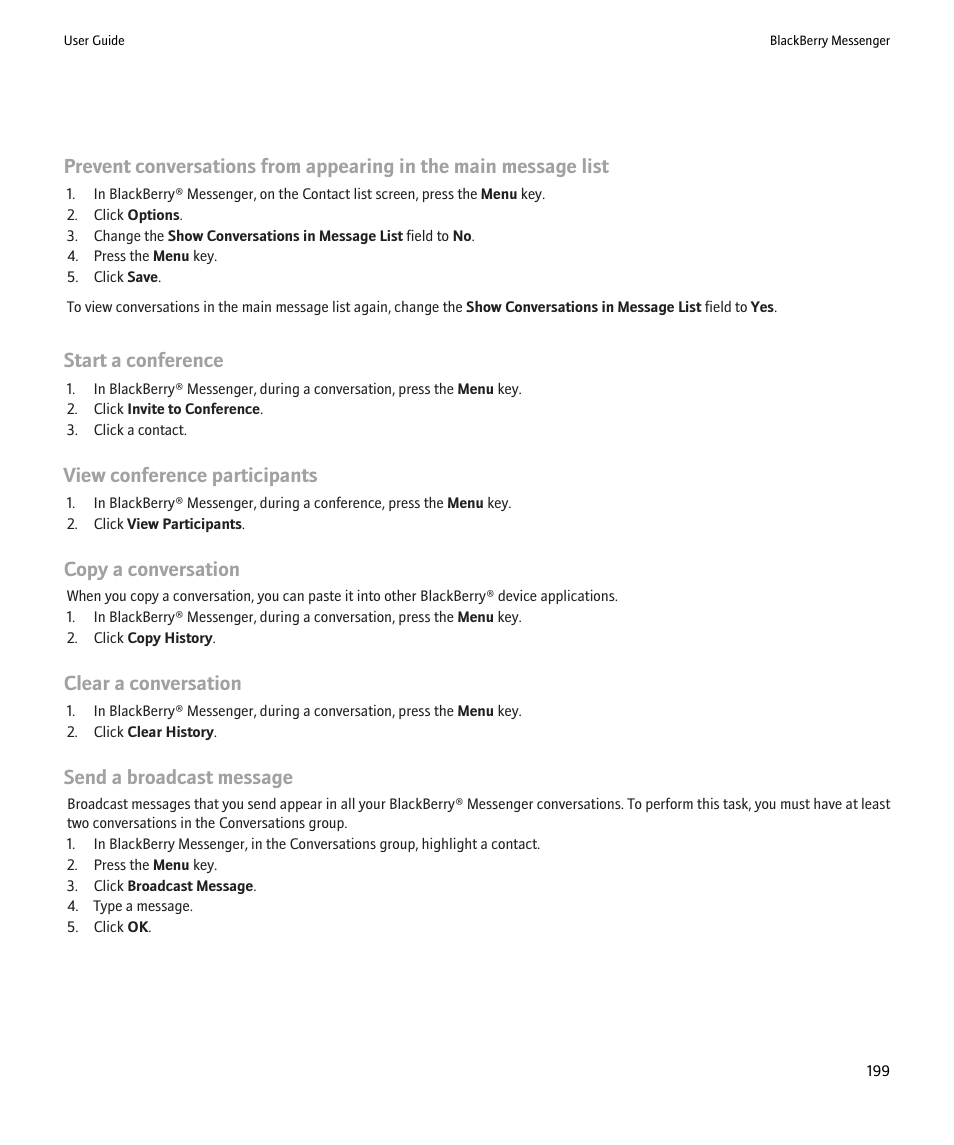 Start a conference, View conference participants, Copy a conversation | Clear a conversation, Send a broadcast message | Blackberry Pearl 8220 User Manual | Page 201 / 277