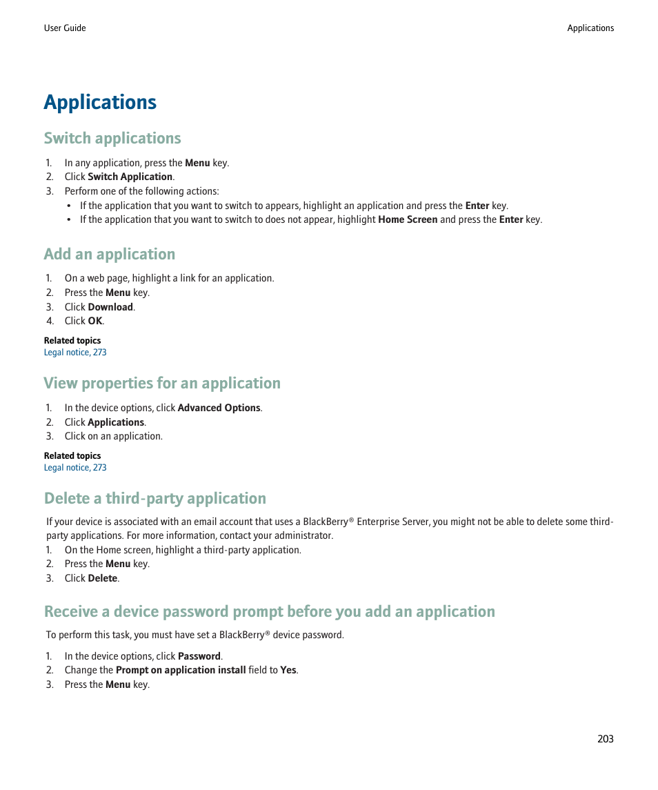 Applications, Switch applications, Add an application | View properties for an application, Delete a third-party application | Blackberry Pearl 8220 User Manual | Page 205 / 277