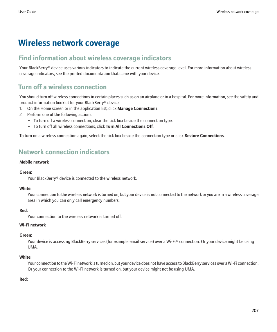 Wireless network coverage, Turn off a wireless connection, Network connection indicators | Blackberry Pearl 8220 User Manual | Page 209 / 277