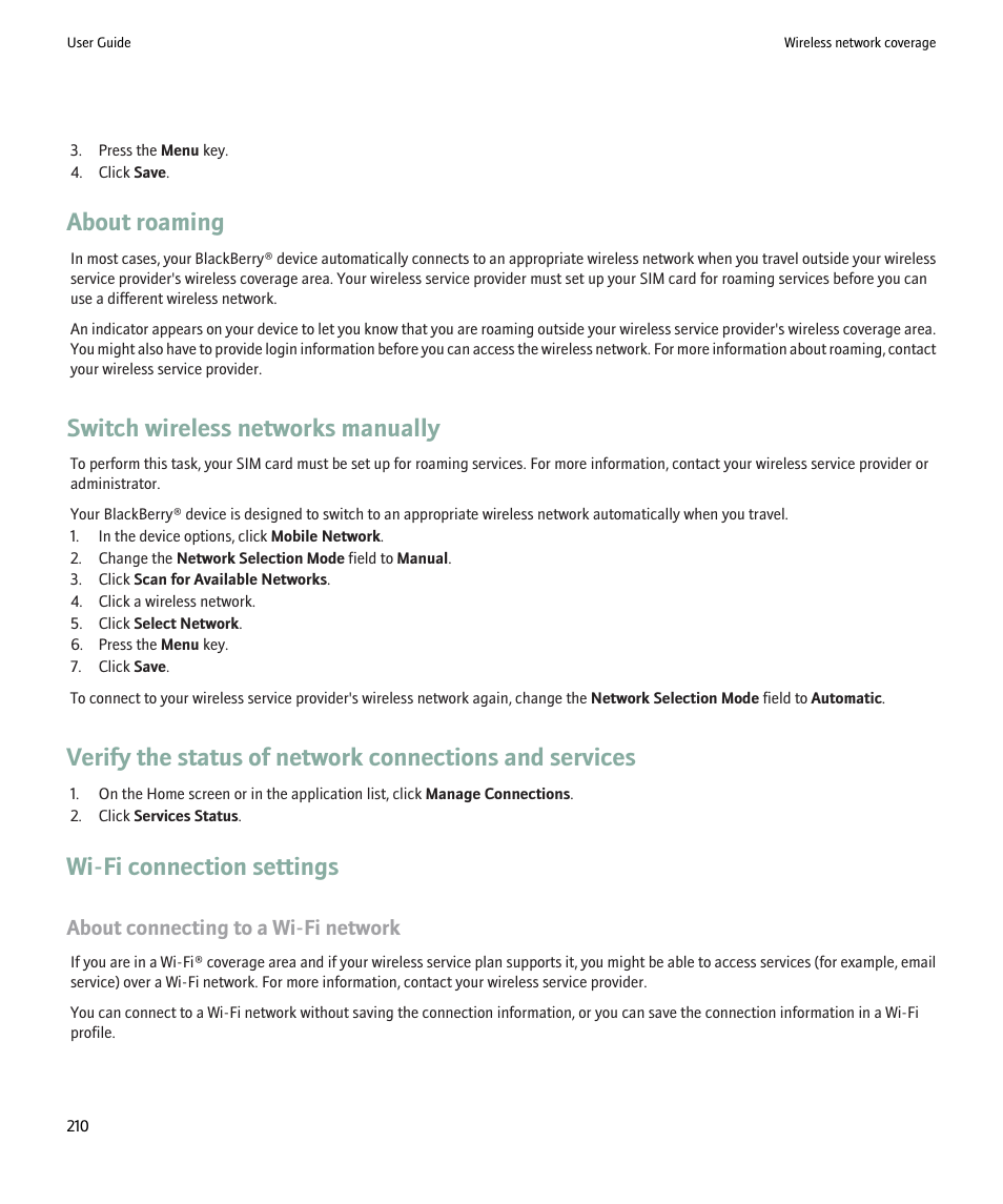 About roaming, Switch wireless networks manually, Wi-fi connection settings | About connecting to a wi-fi network | Blackberry Pearl 8220 User Manual | Page 212 / 277