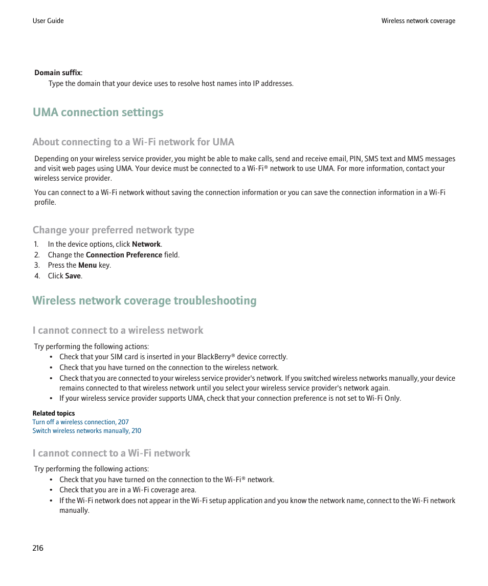 Uma connection settings, Wireless network coverage troubleshooting, About connecting to a wi-fi network for uma | Change your preferred network type, I cannot connect to a wireless network, I cannot connect to a wi-fi network | Blackberry Pearl 8220 User Manual | Page 218 / 277