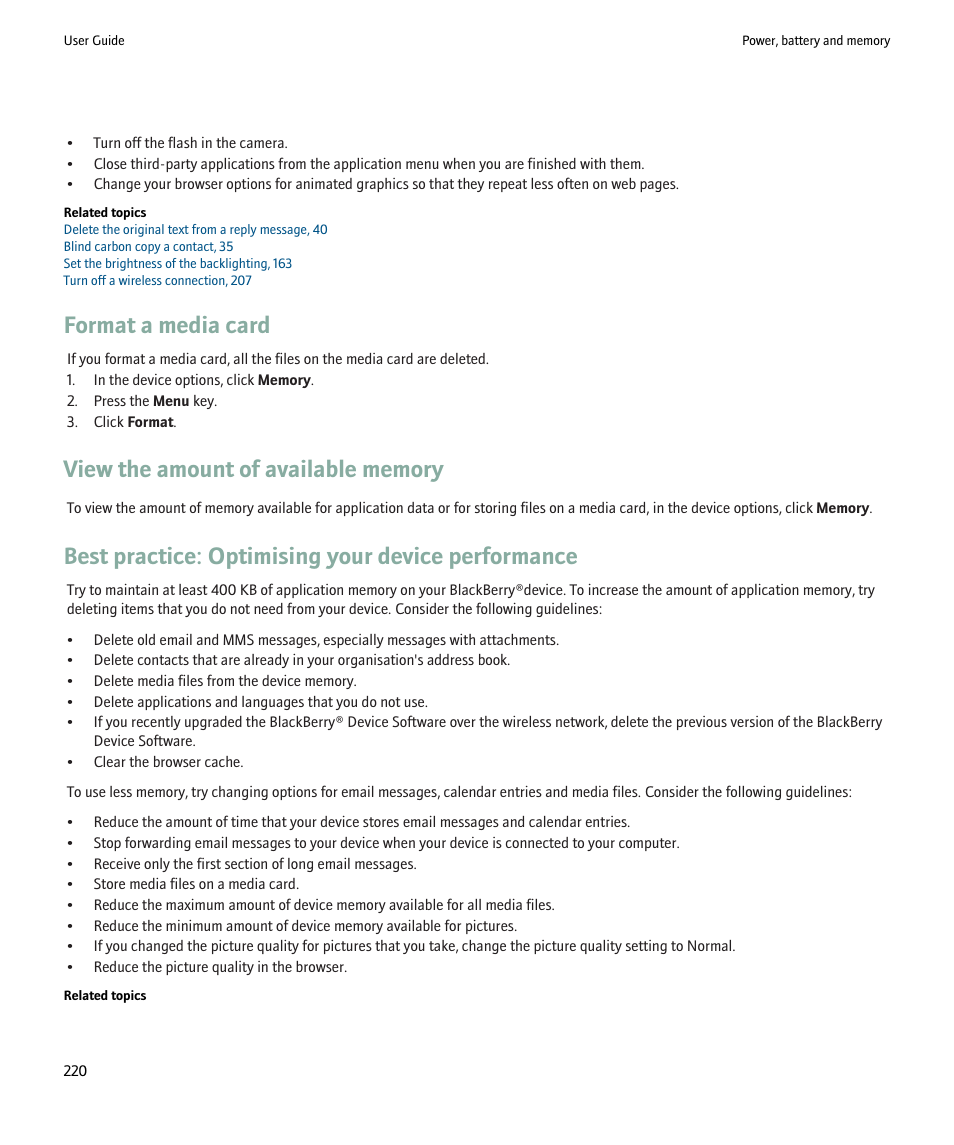 Format a media card, View the amount of available memory, Best practice: optimising your device performance | Blackberry Pearl 8220 User Manual | Page 222 / 277