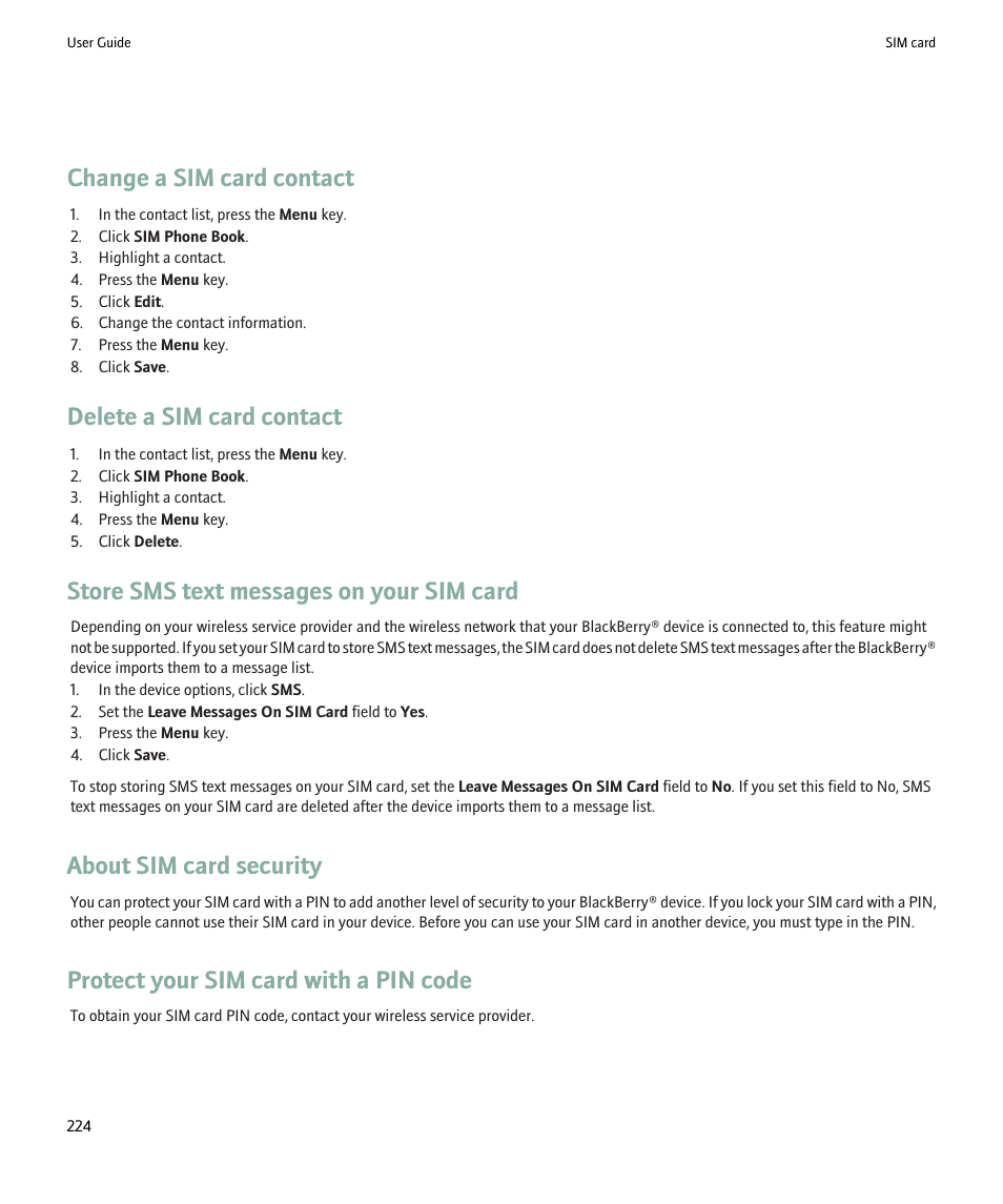 Change a sim card contact, Delete a sim card contact, Store sms text messages on your sim card | About sim card security, Protect your sim card with a pin code | Blackberry Pearl 8220 User Manual | Page 226 / 277