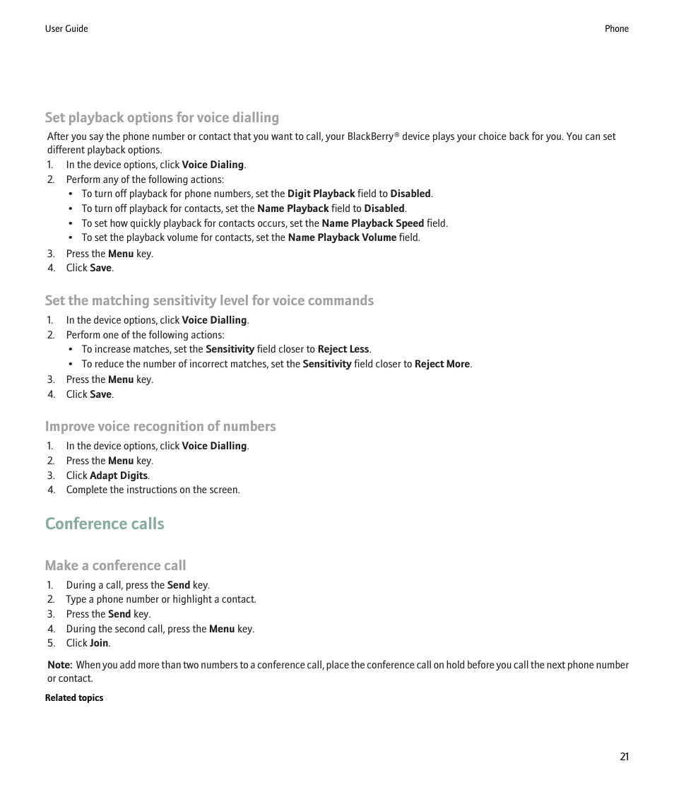 Conference calls, Set playback options for voice dialling, Improve voice recognition of numbers | Make a conference call | Blackberry Pearl 8220 User Manual | Page 23 / 277