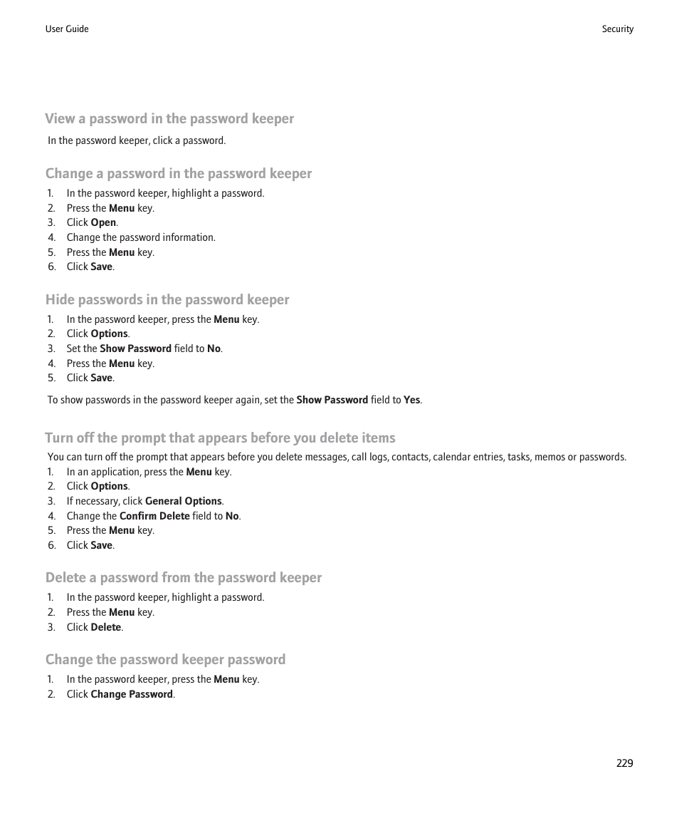 View a password in the password keeper, Change a password in the password keeper, Hide passwords in the password keeper | Delete a password from the password keeper, Change the password keeper password | Blackberry Pearl 8220 User Manual | Page 231 / 277