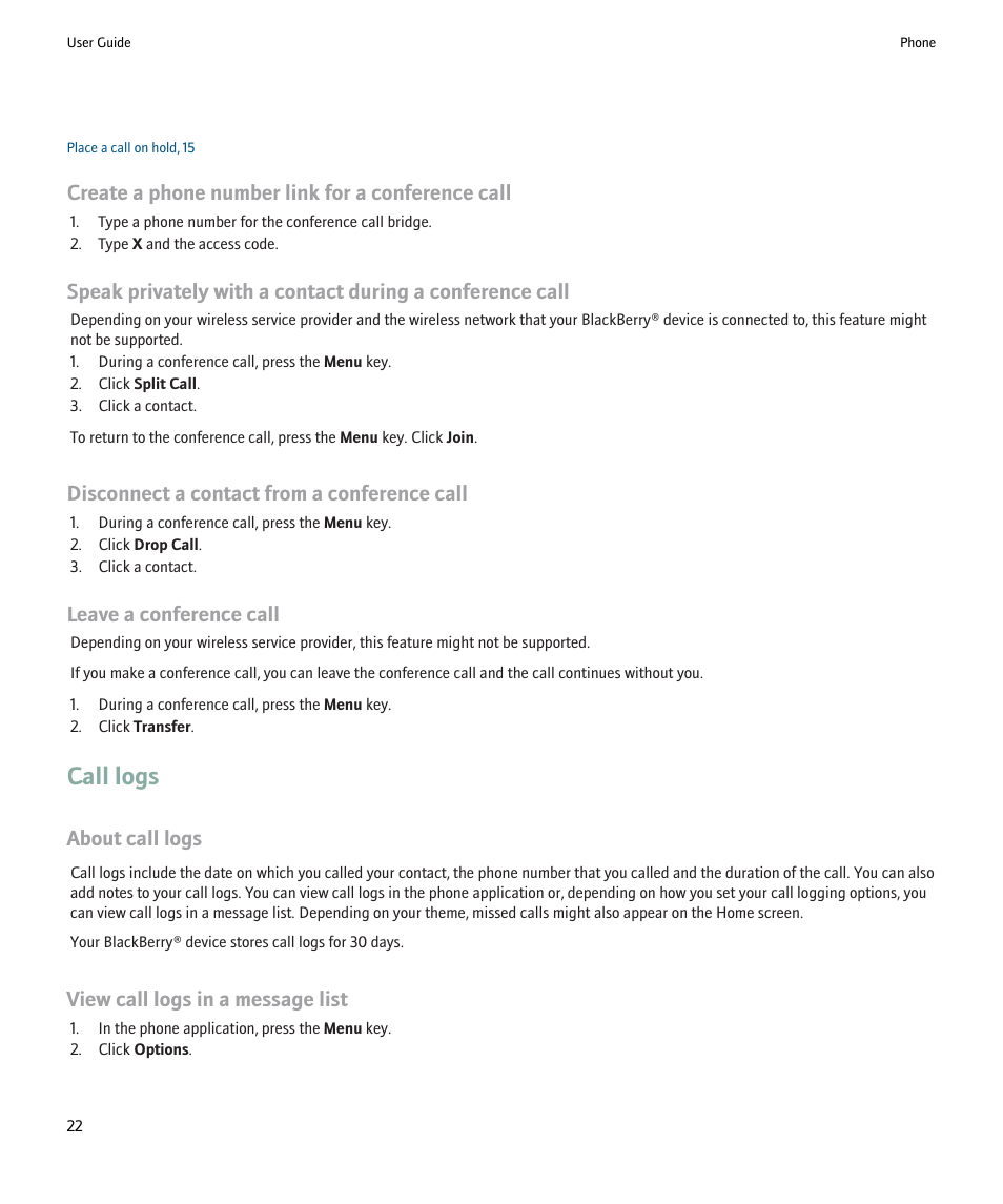 Call logs, Create a phone number link for a conference call, Disconnect a contact from a conference call | Leave a conference call, About call logs, View call logs in a message list | Blackberry Pearl 8220 User Manual | Page 24 / 277