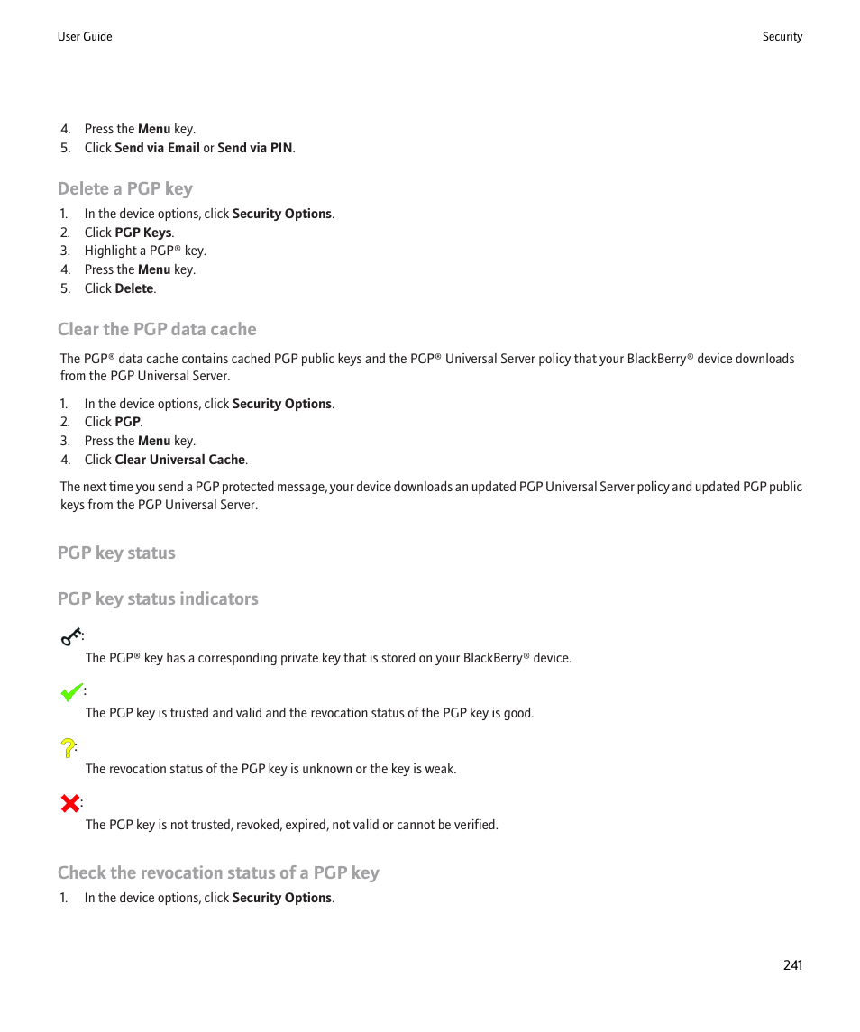Delete a pgp key, Clear the pgp data cache, Pgp key status pgp key status indicators | Check the revocation status of a pgp key | Blackberry Pearl 8220 User Manual | Page 243 / 277