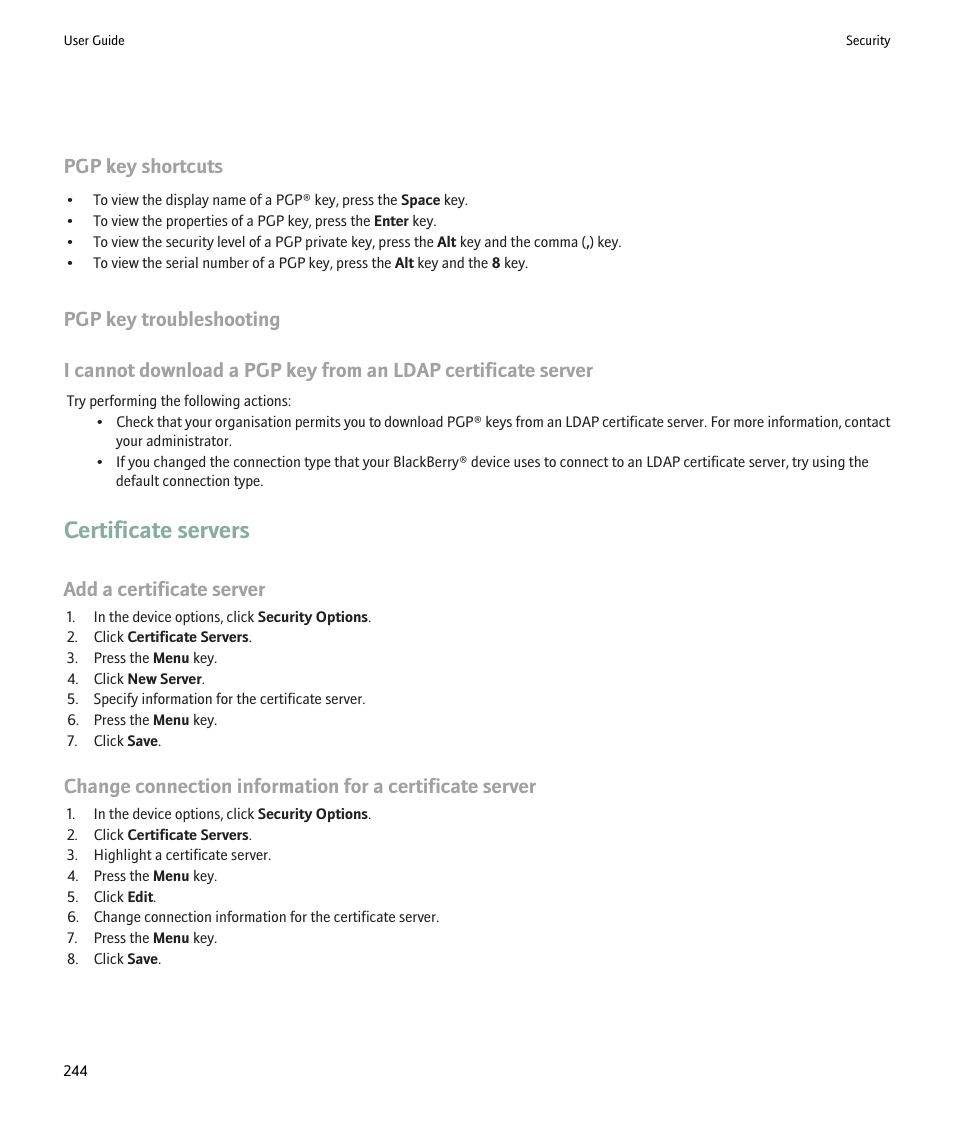 Certificate servers, Pgp key shortcuts, Add a certificate server | Blackberry Pearl 8220 User Manual | Page 246 / 277