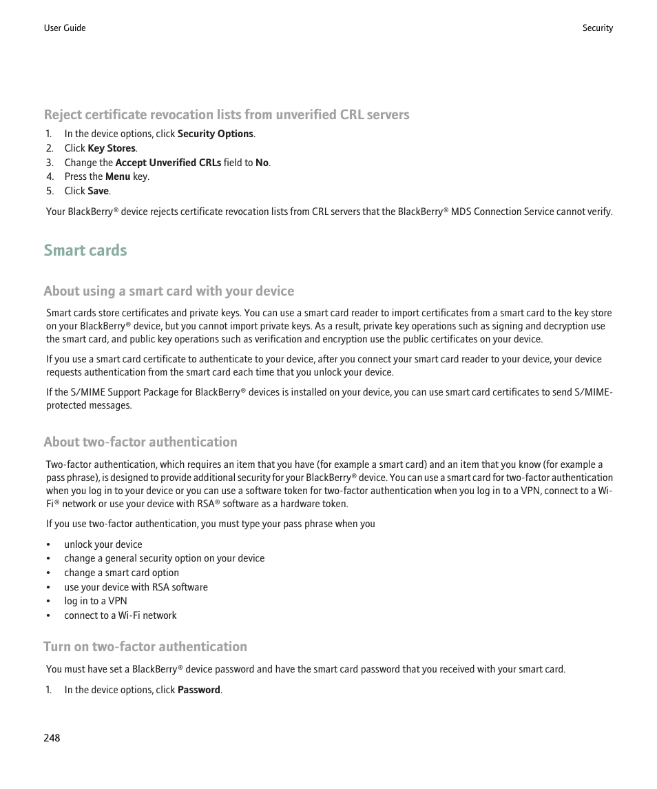 Smart cards, About using a smart card with your device, About two-factor authentication | Turn on two-factor authentication | Blackberry Pearl 8220 User Manual | Page 250 / 277