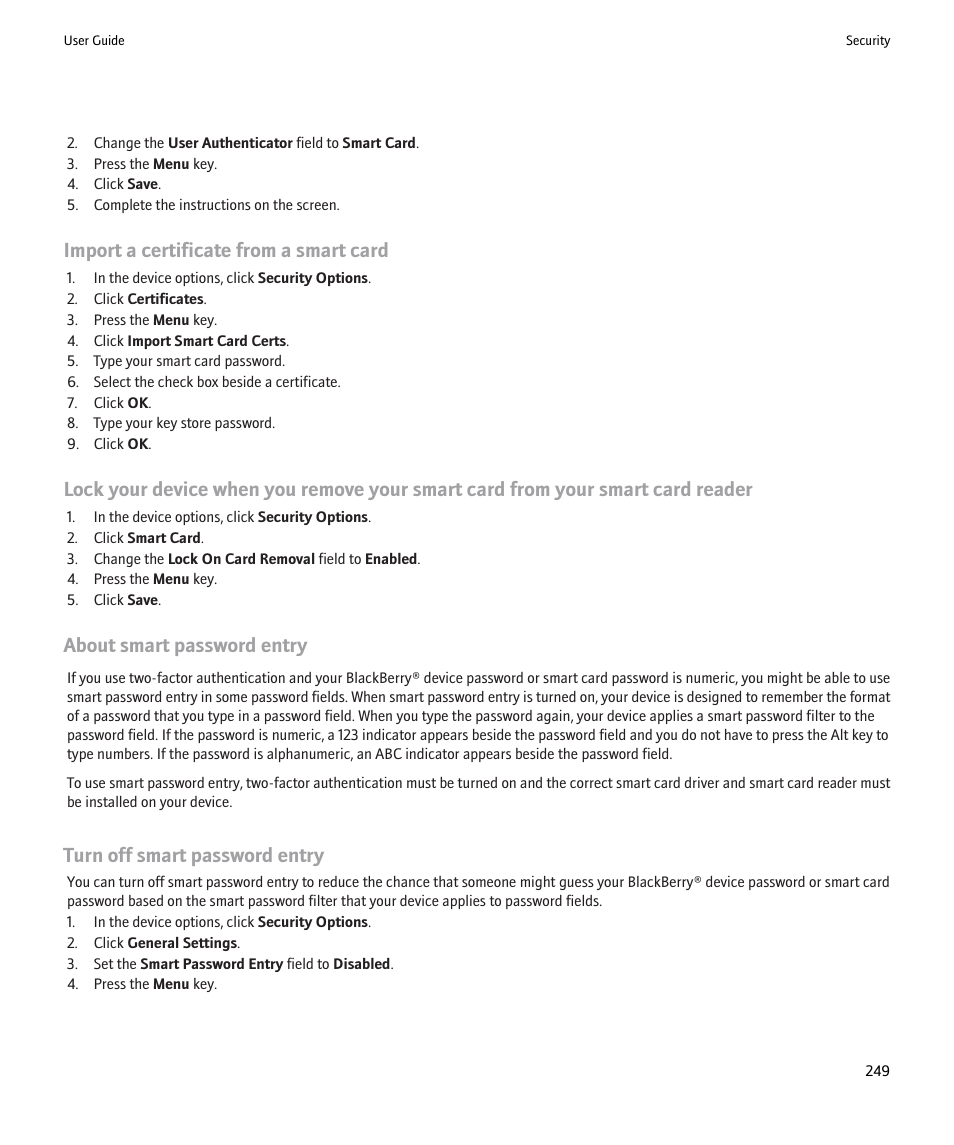Import a certificate from a smart card, About smart password entry, Turn off smart password entry | Blackberry Pearl 8220 User Manual | Page 251 / 277