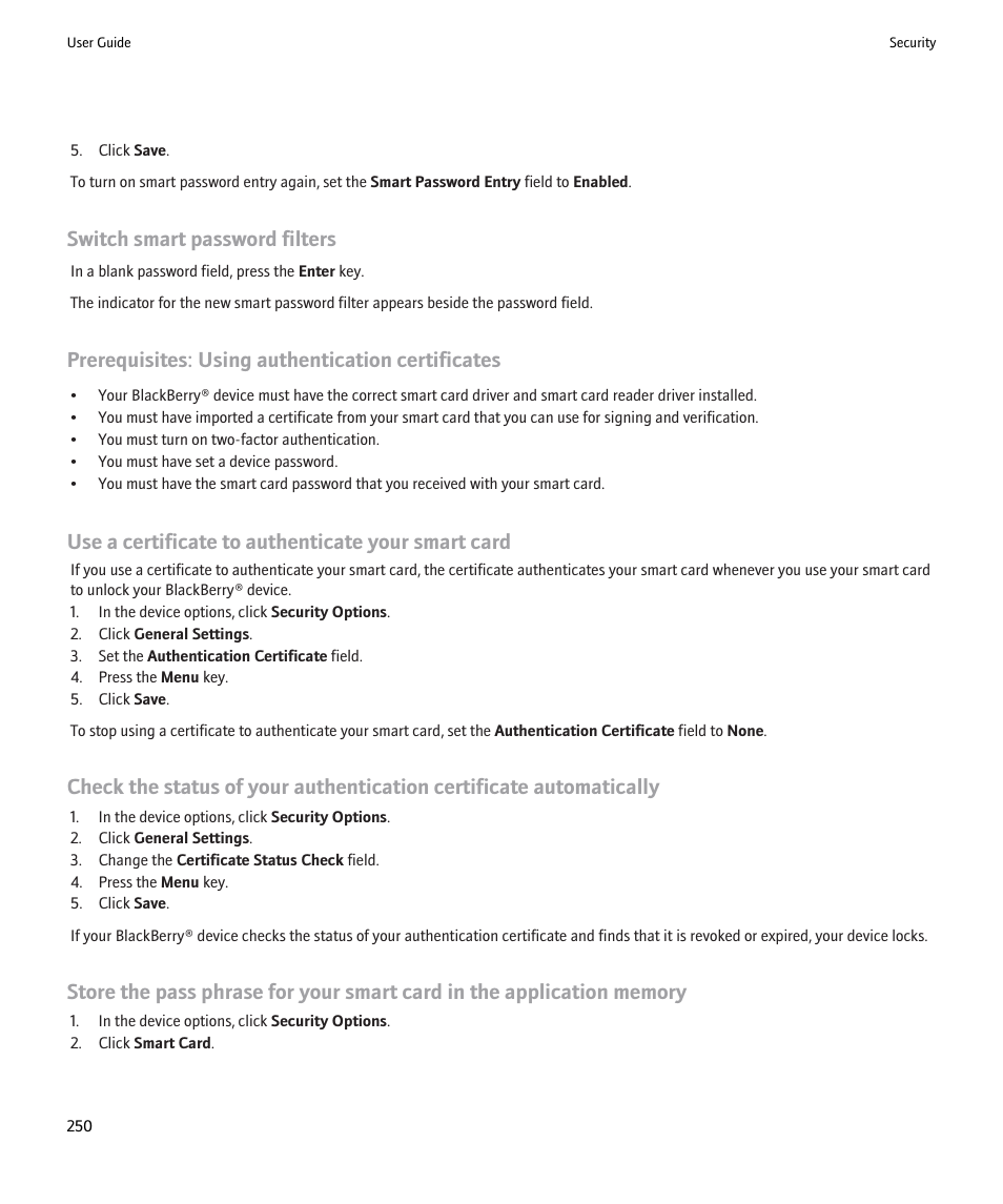 Switch smart password filters, Prerequisites: using authentication certificates, Use a certificate to authenticate your smart card | Blackberry Pearl 8220 User Manual | Page 252 / 277