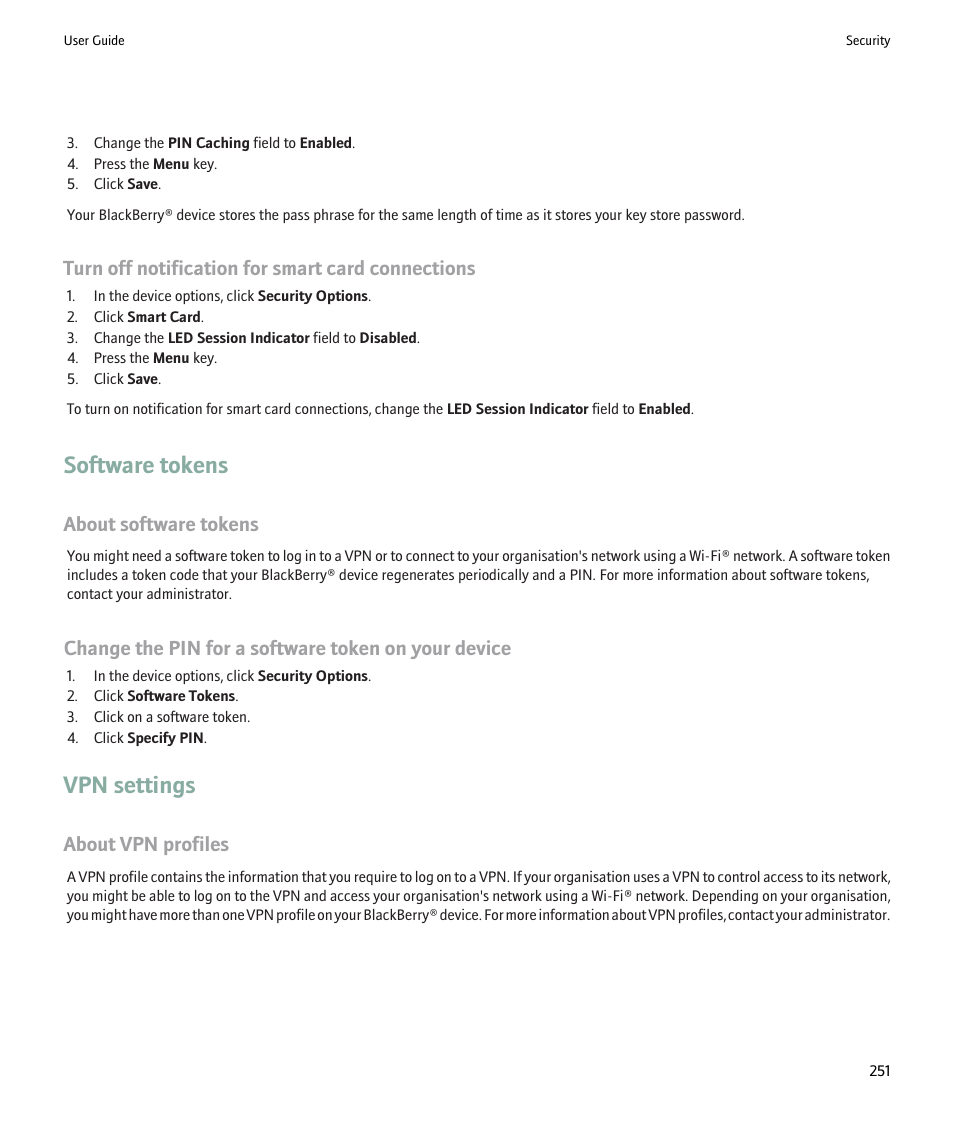 Software tokens, Vpn settings, Turn off notification for smart card connections | About software tokens, Change the pin for a software token on your device, About vpn profiles | Blackberry Pearl 8220 User Manual | Page 253 / 277