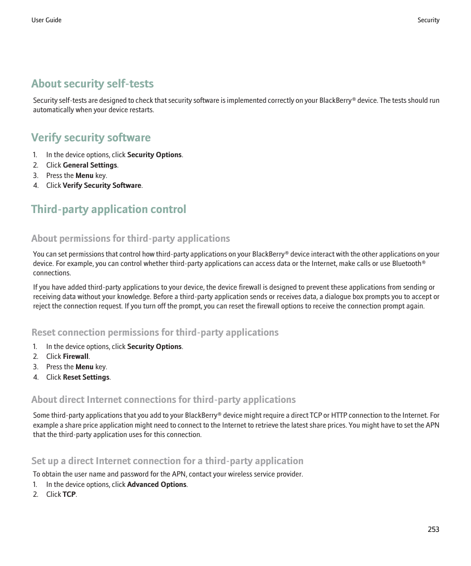 About security self-tests, Verify security software, Third-party application control | About permissions for third-party applications | Blackberry Pearl 8220 User Manual | Page 255 / 277