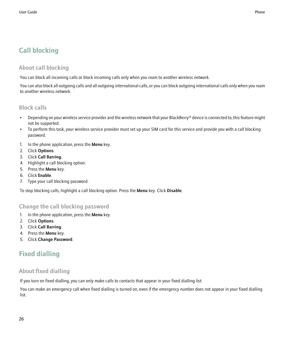 Call blocking, Fixed dialling, About call blocking | Block calls, Change the call blocking password, About fixed dialling | Blackberry Pearl 8220 User Manual | Page 28 / 277