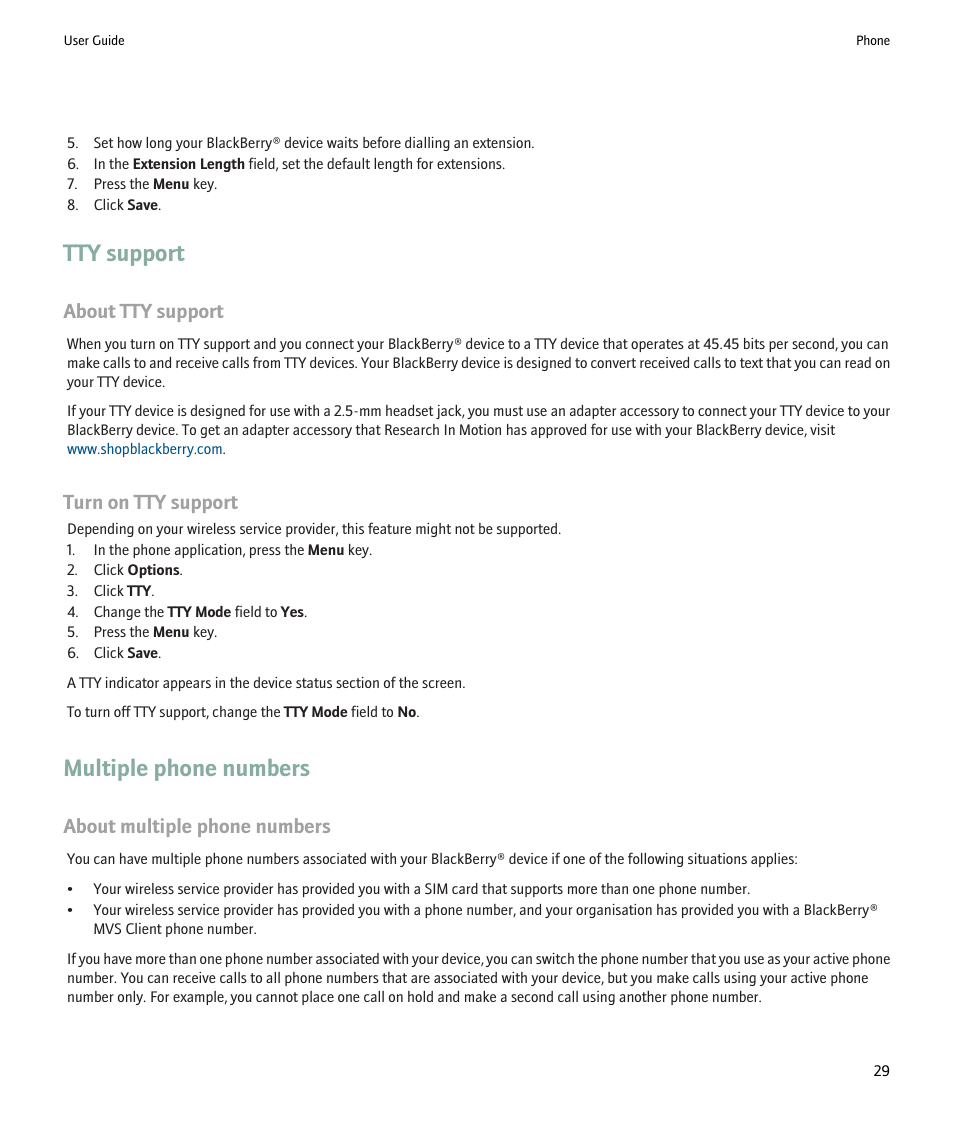 Tty support, Multiple phone numbers, About tty support | Turn on tty support, About multiple phone numbers | Blackberry Pearl 8220 User Manual | Page 31 / 277