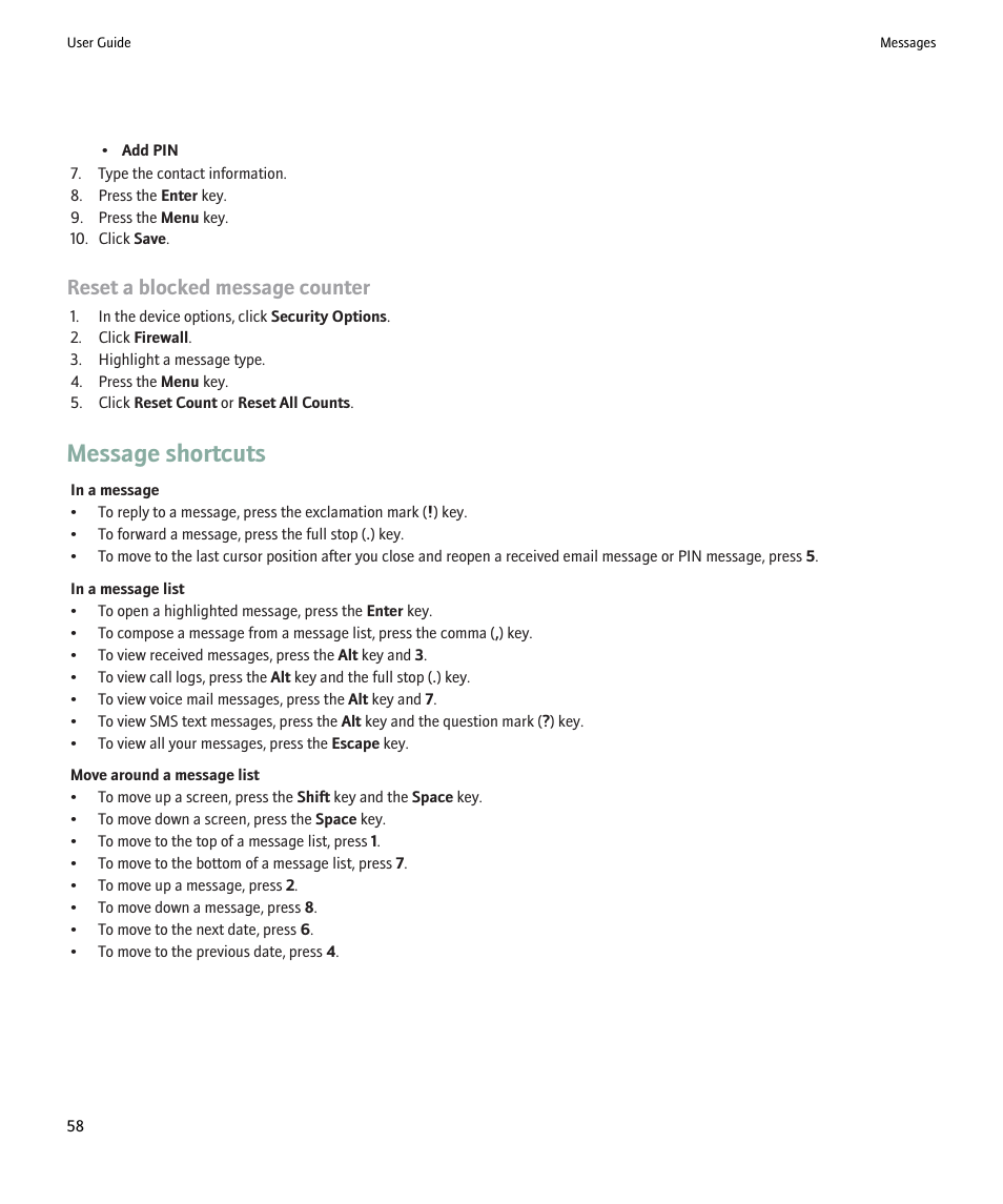 Message shortcuts, Reset a blocked message counter | Blackberry Pearl 8220 User Manual | Page 60 / 277