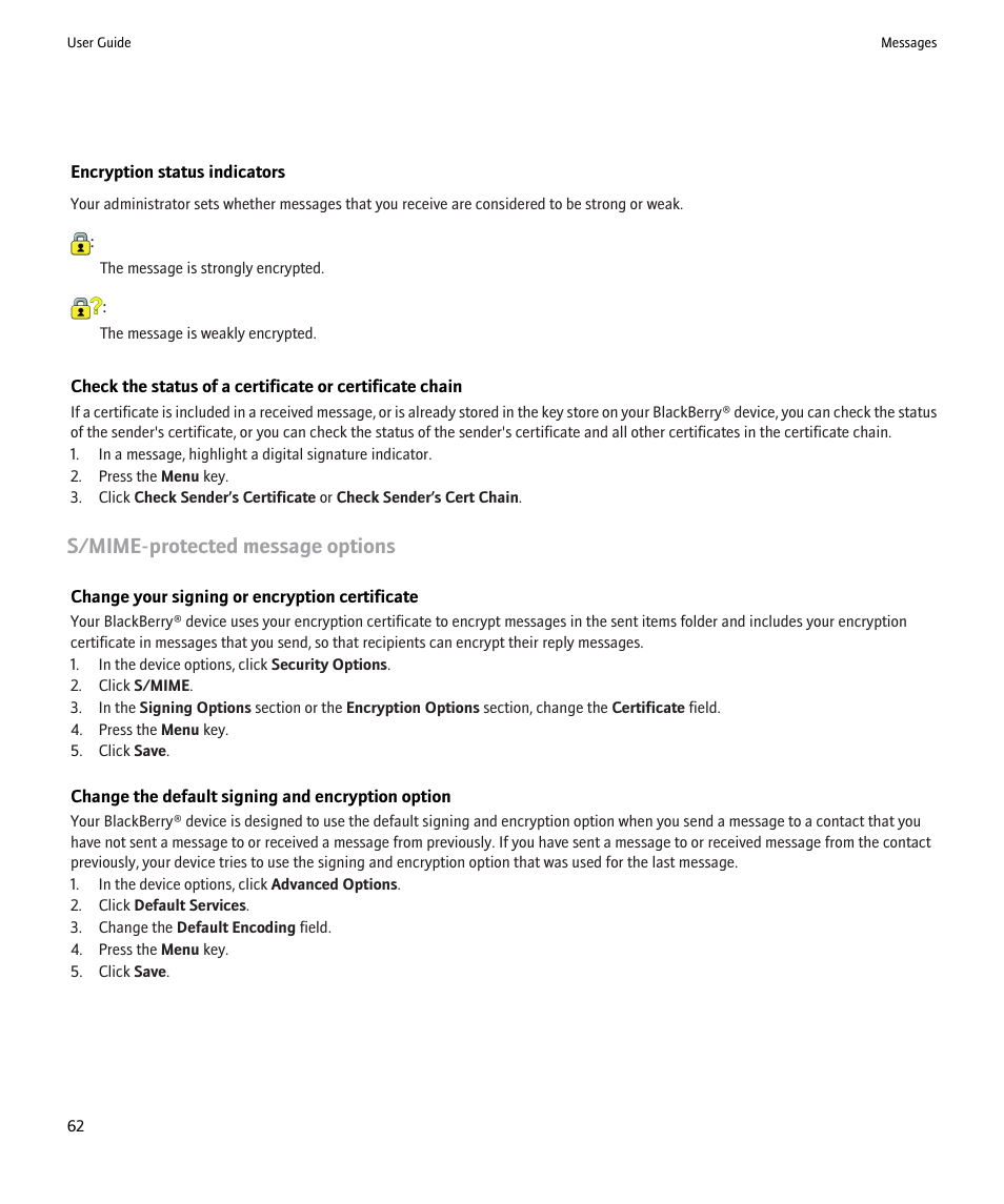 S/mime-protected message options | Blackberry Pearl 8220 User Manual | Page 64 / 277