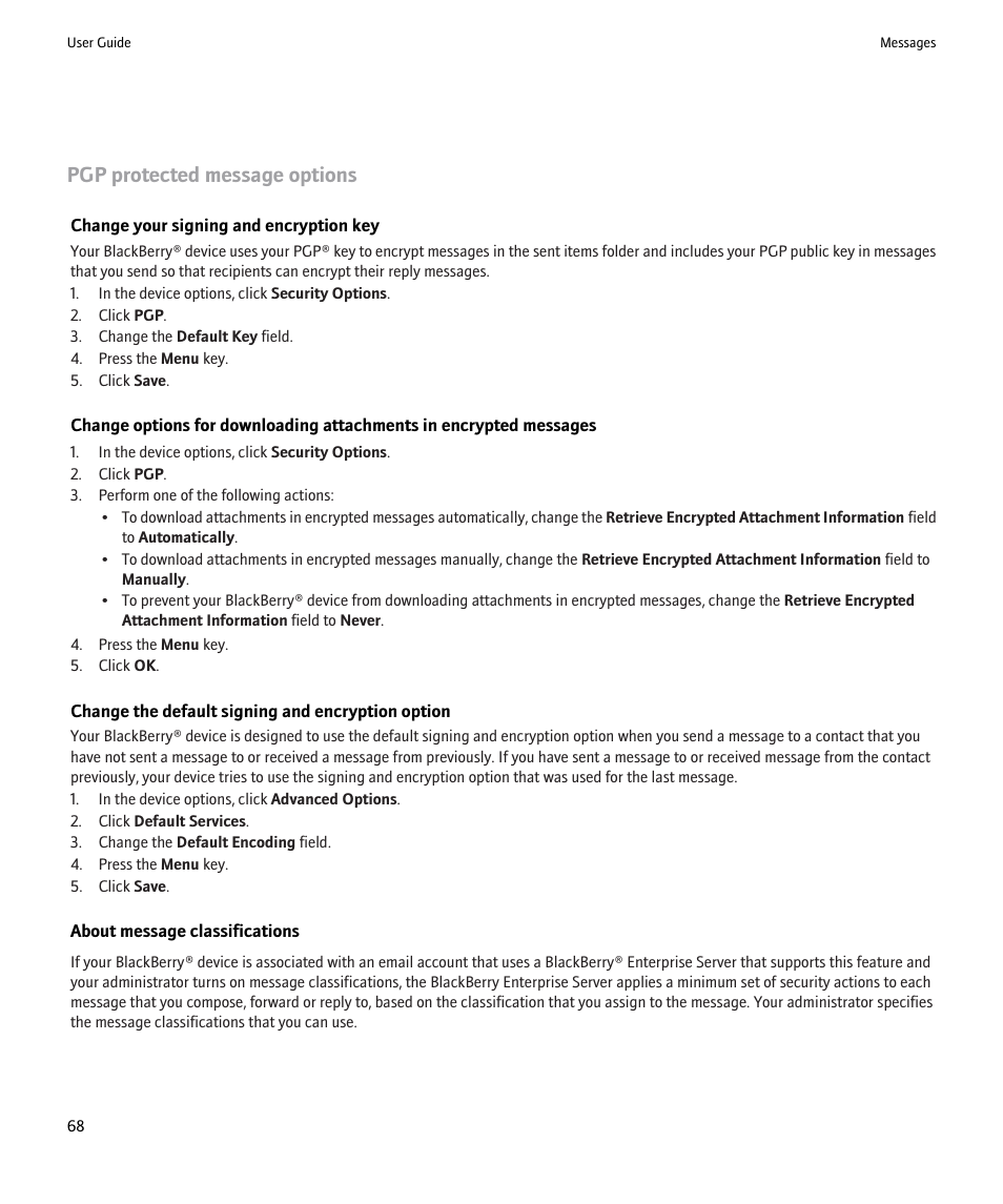 Pgp protected message options | Blackberry Pearl 8220 User Manual | Page 70 / 277