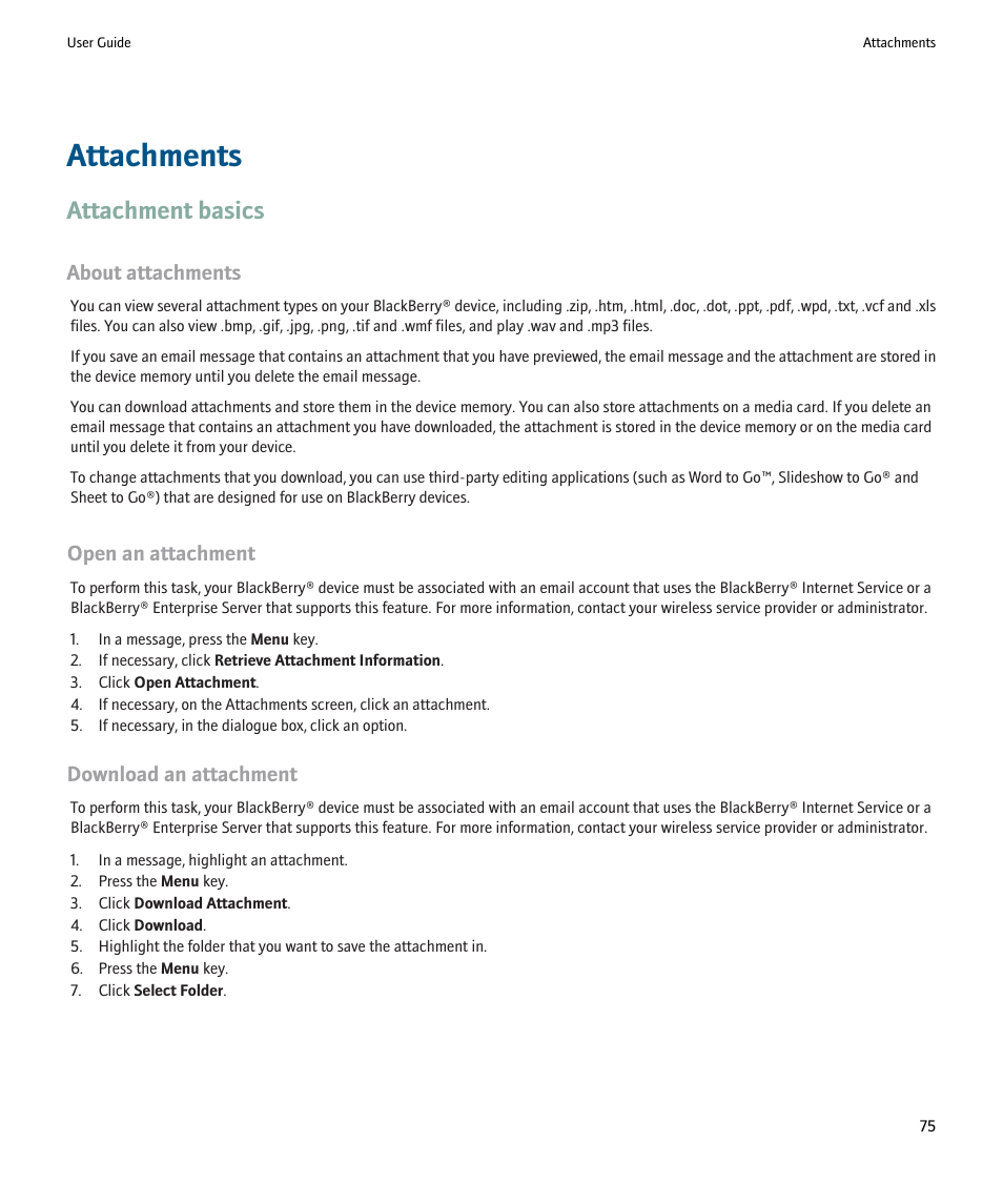 Attachments, Attachment basics, About attachments | Open an attachment, Download an attachment | Blackberry Pearl 8220 User Manual | Page 77 / 277