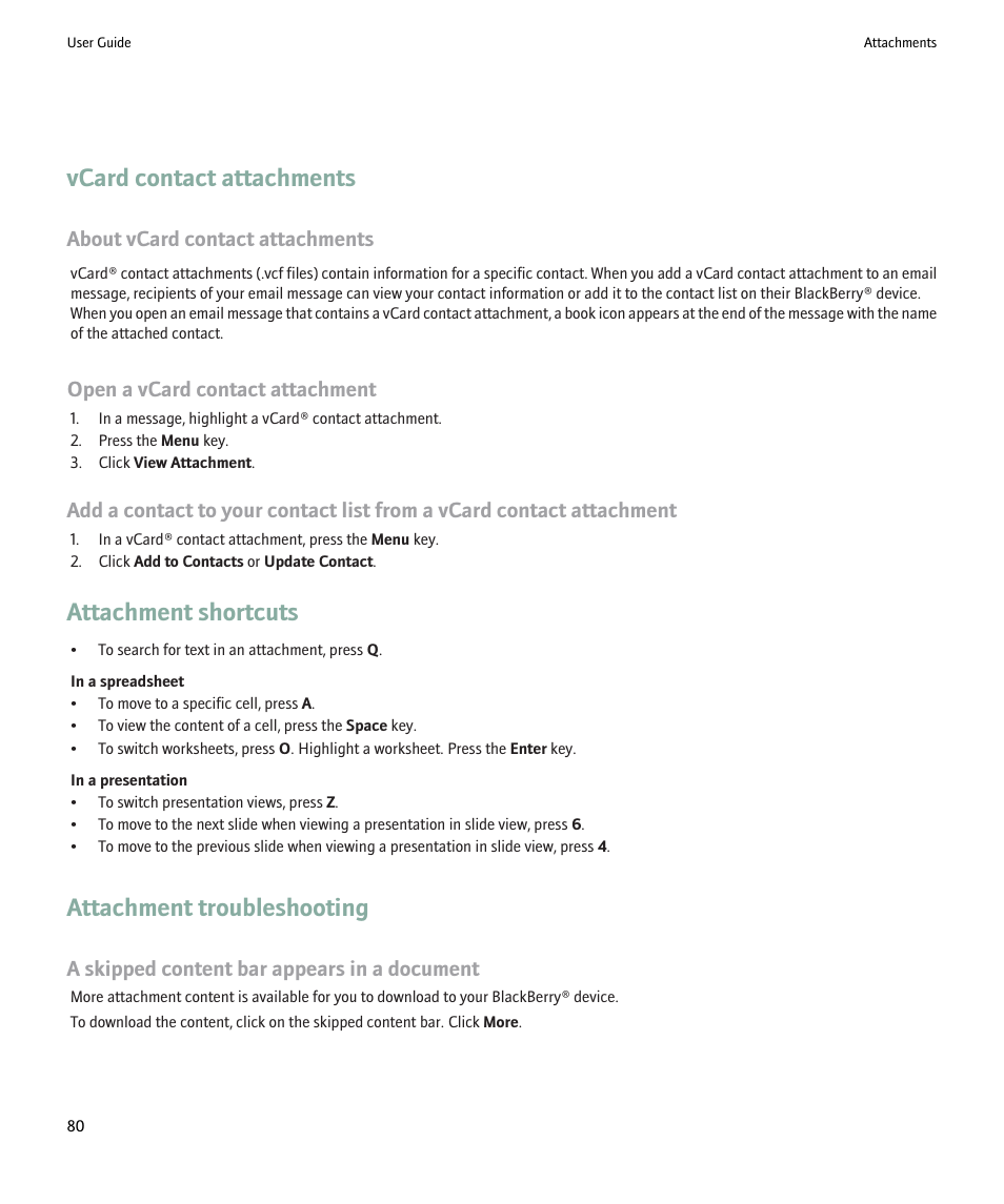 Vcard contact attachments, Attachment shortcuts, Attachment troubleshooting | About vcard contact attachments, Open a vcard contact attachment, A skipped content bar appears in a document | Blackberry Pearl 8220 User Manual | Page 82 / 277