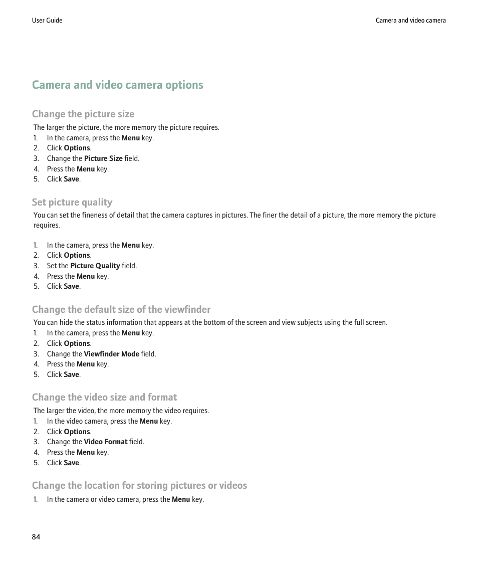 Camera and video camera options, Change the picture size, Set picture quality | Change the default size of the viewfinder, Change the video size and format, Change the location for storing pictures or videos | Blackberry Pearl 8220 User Manual | Page 86 / 277