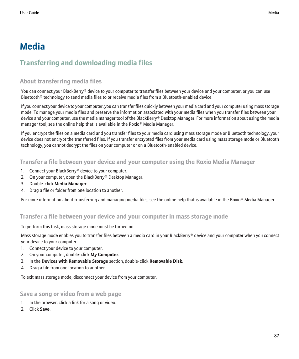 Media, Transferring and downloading media files, About transferring media files | Save a song or video from a web page | Blackberry Pearl 8220 User Manual | Page 89 / 277