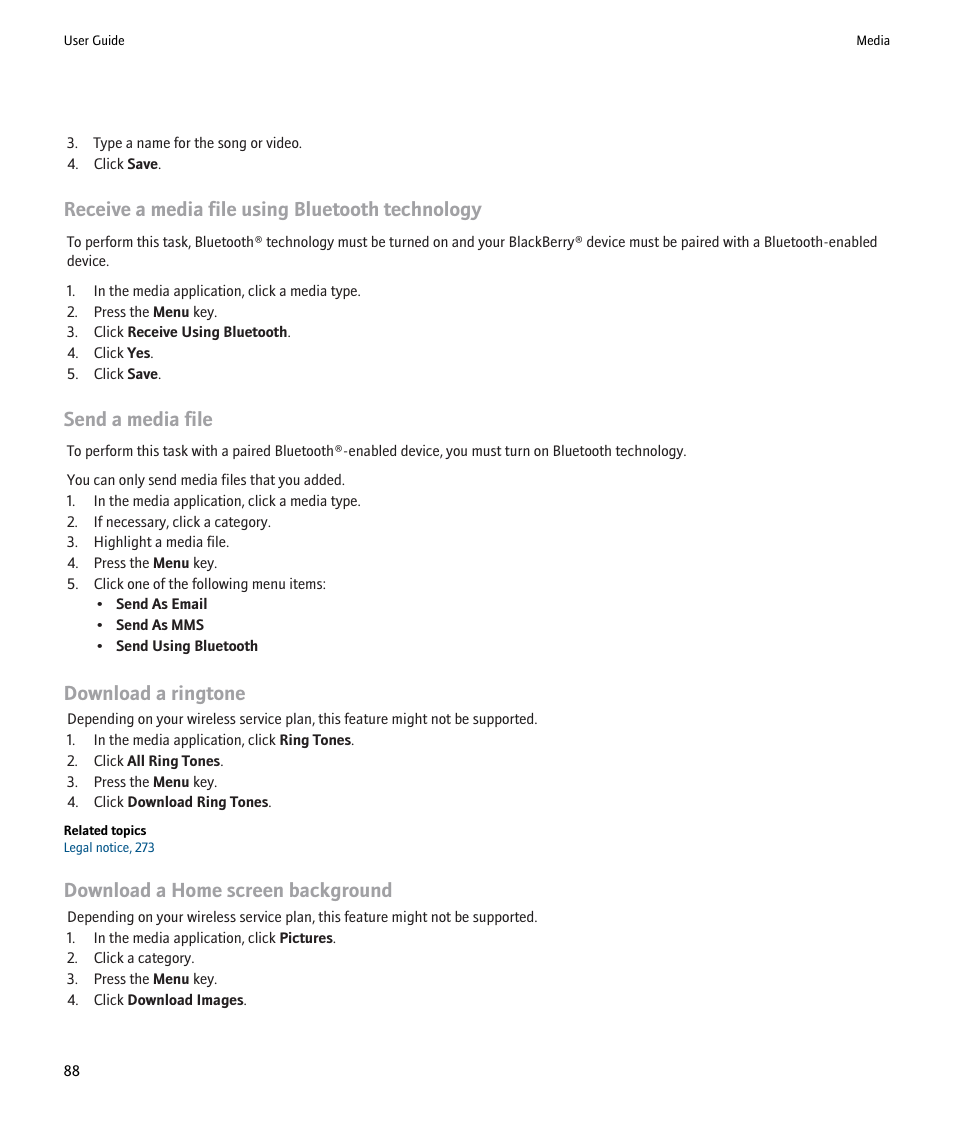 Receive a media file using bluetooth technology, Send a media file, Download a ringtone | Download a home screen background | Blackberry Pearl 8220 User Manual | Page 90 / 277