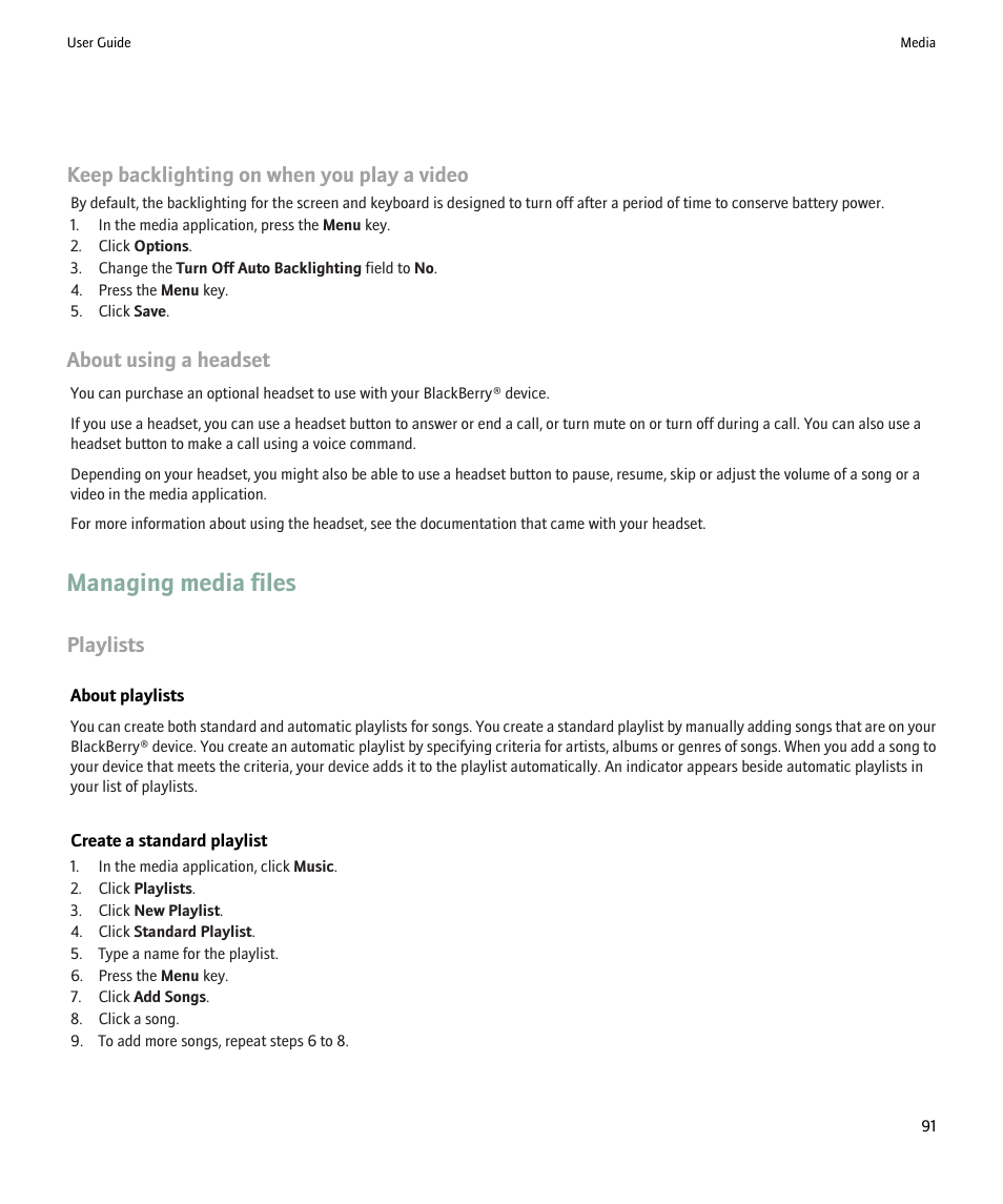 Managing media files, Keep backlighting on when you play a video, About using a headset | Playlists | Blackberry Pearl 8220 User Manual | Page 93 / 277