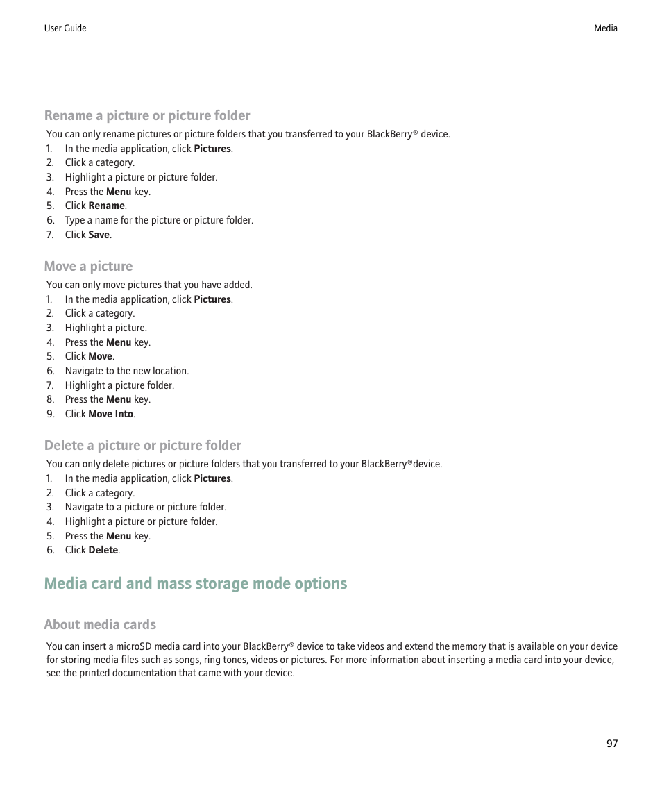 Media card and mass storage mode options, Rename a picture or picture folder, Move a picture | Delete a picture or picture folder, About media cards | Blackberry Pearl 8220 User Manual | Page 99 / 277