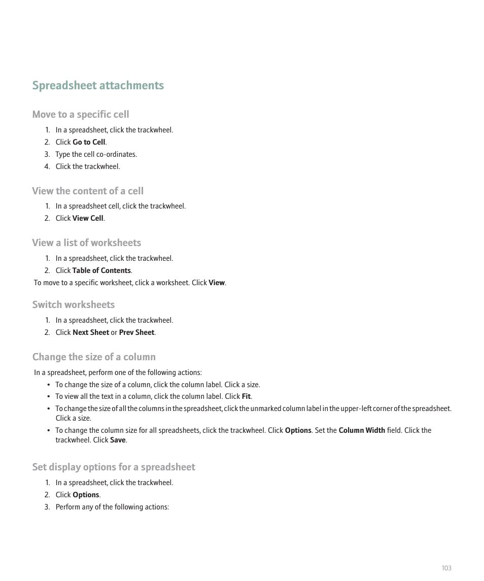 Spreadsheet attachments, Move to a specific cell, View the content of a cell | View a list of worksheets, Switch worksheets, Change the size of a column, Set display options for a spreadsheet | Blackberry 8707 User Manual | Page 105 / 323