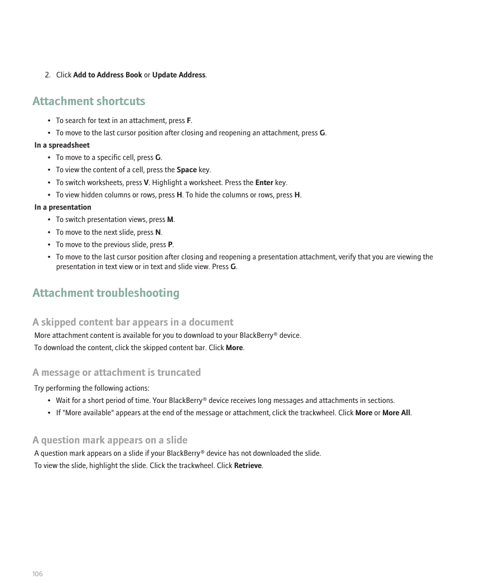 Attachment troubleshooting, Attachment shortcuts, A skipped content bar appears in a document | A message or attachment is truncated, A question mark appears on a slide | Blackberry 8707 User Manual | Page 108 / 323