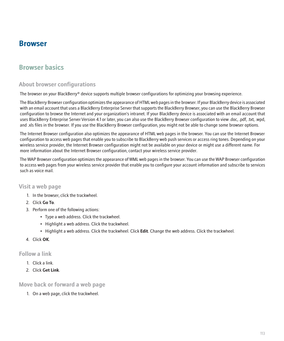 Browser, Browser basics, About browser configurations | Visit a web page, Follow a link, Move back or forward a web page | Blackberry 8707 User Manual | Page 115 / 323